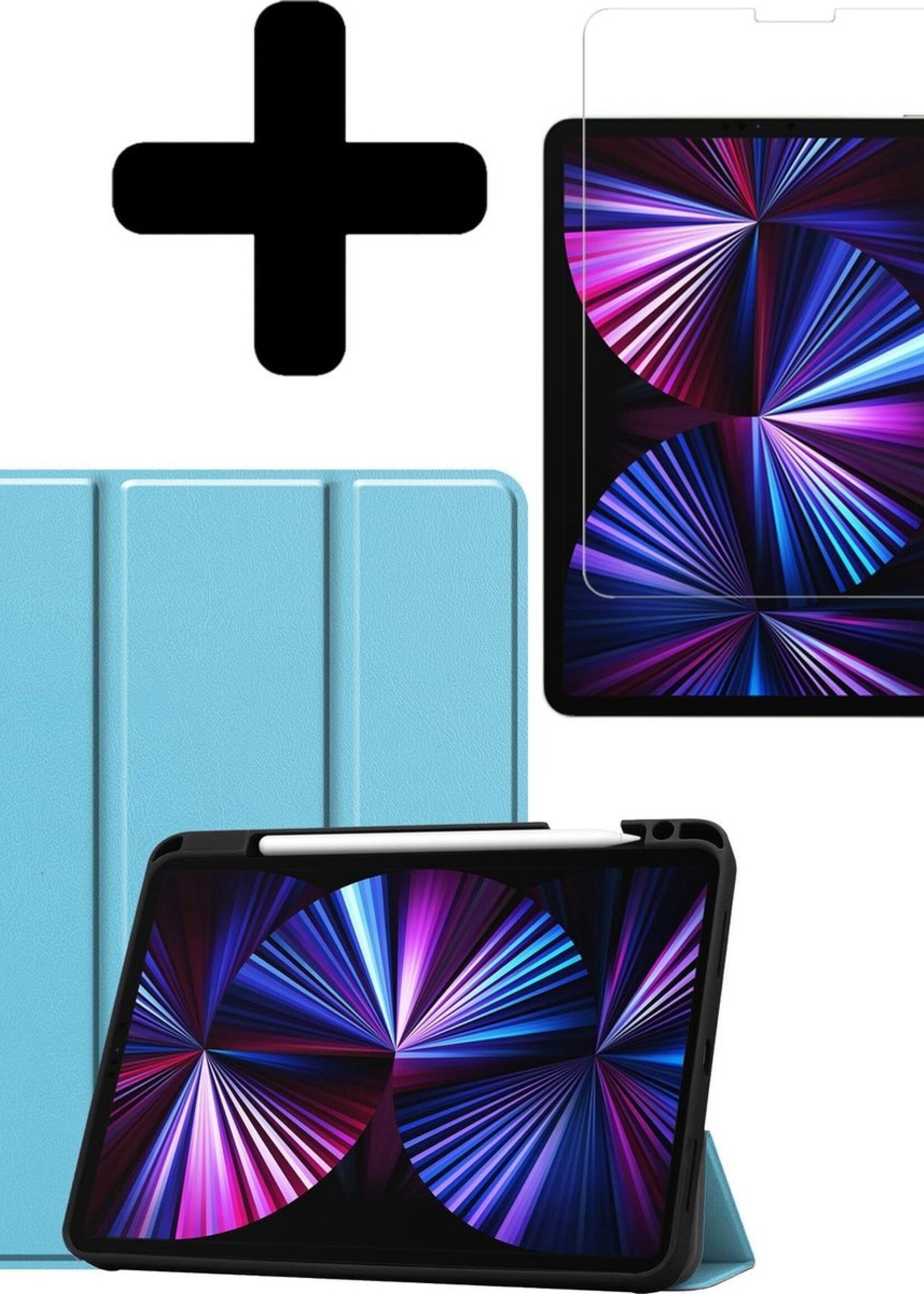 BTH Hoes Geschikt voor iPad Pro 2021 (11 inch) Hoes Book Case Hoesje Trifold Cover Met Uitsparing Geschikt voor Apple Pencil Met Screenprotector - Hoesje Geschikt voor iPad Pro 11 inch (2021) Hoesje Bookcase - Lichtblauw