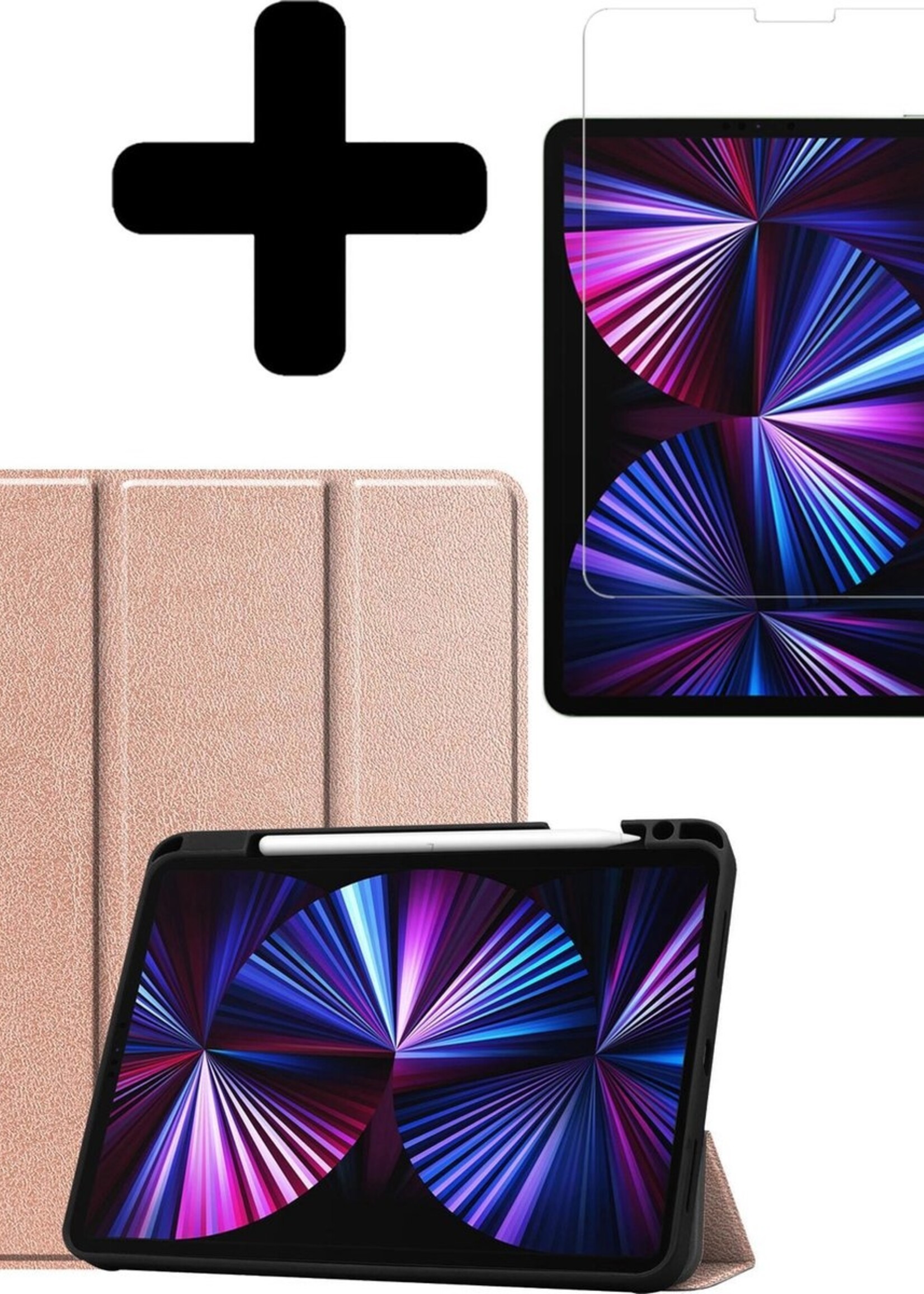 BTH Hoes Geschikt voor iPad Pro 2021 (11 inch) Hoes Book Case Hoesje Trifold Cover Met Uitsparing Geschikt voor Apple Pencil Met Screenprotector - Hoesje Geschikt voor iPad Pro 11 inch (2021) Hoesje Bookcase - Rosé goud
