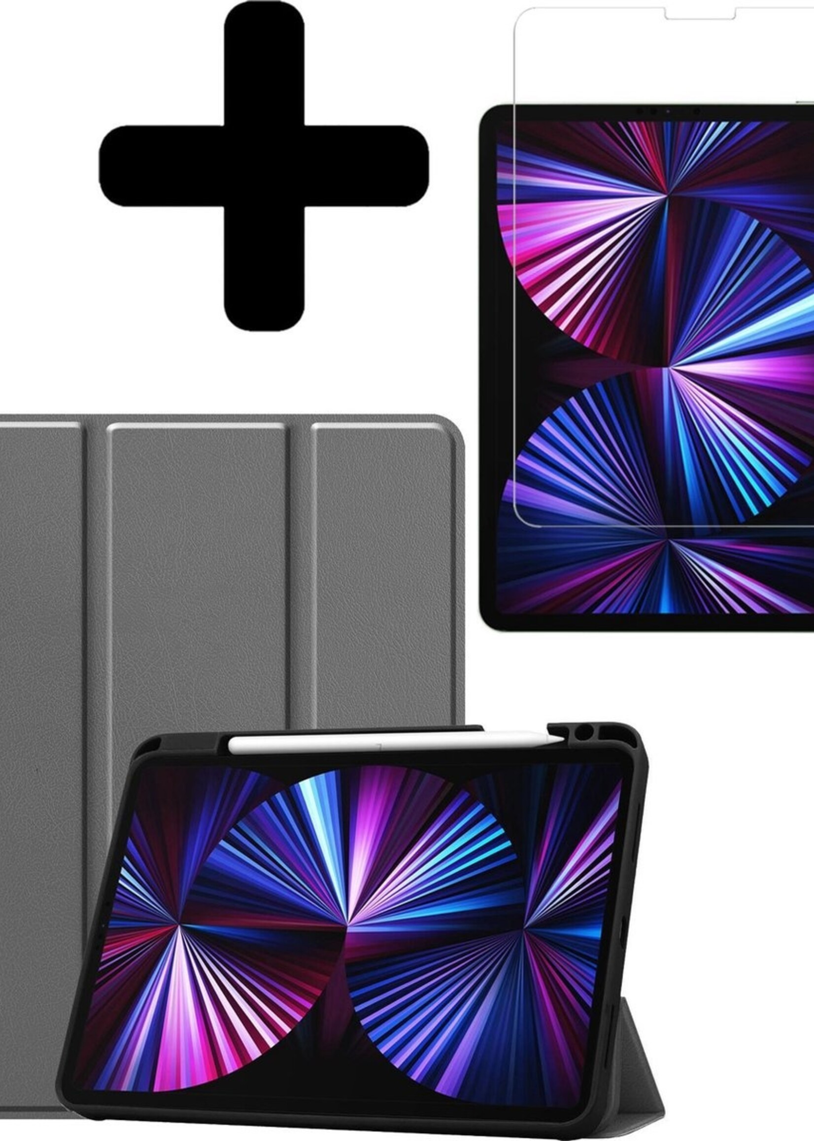 BTH Hoes Geschikt voor iPad Pro 2021 (11 inch) Hoes Book Case Hoesje Trifold Cover Met Uitsparing Geschikt voor Apple Pencil Met Screenprotector - Hoesje Geschikt voor iPad Pro 11 inch (2021) Hoesje Bookcase - Grijs