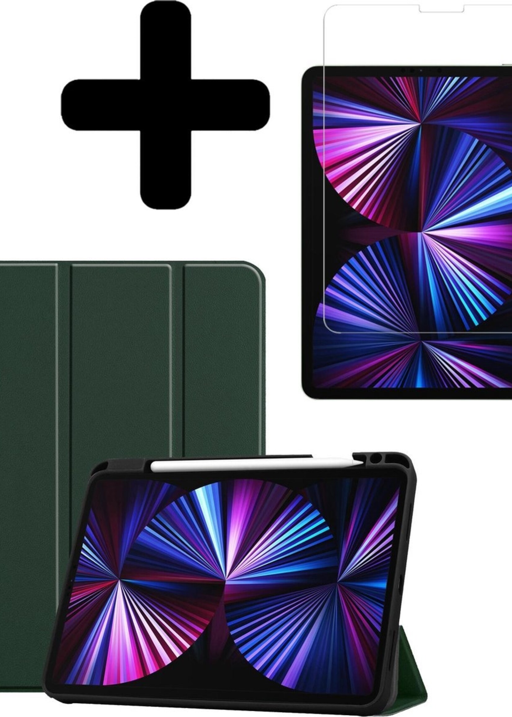 BTH Hoes Geschikt voor iPad Pro 2021 (11 inch) Hoes Book Case Hoesje Trifold Cover Met Uitsparing Geschikt voor Apple Pencil Met Screenprotector - Hoesje Geschikt voor iPad Pro 11 inch (2021) Hoesje Bookcase - Donkergroen