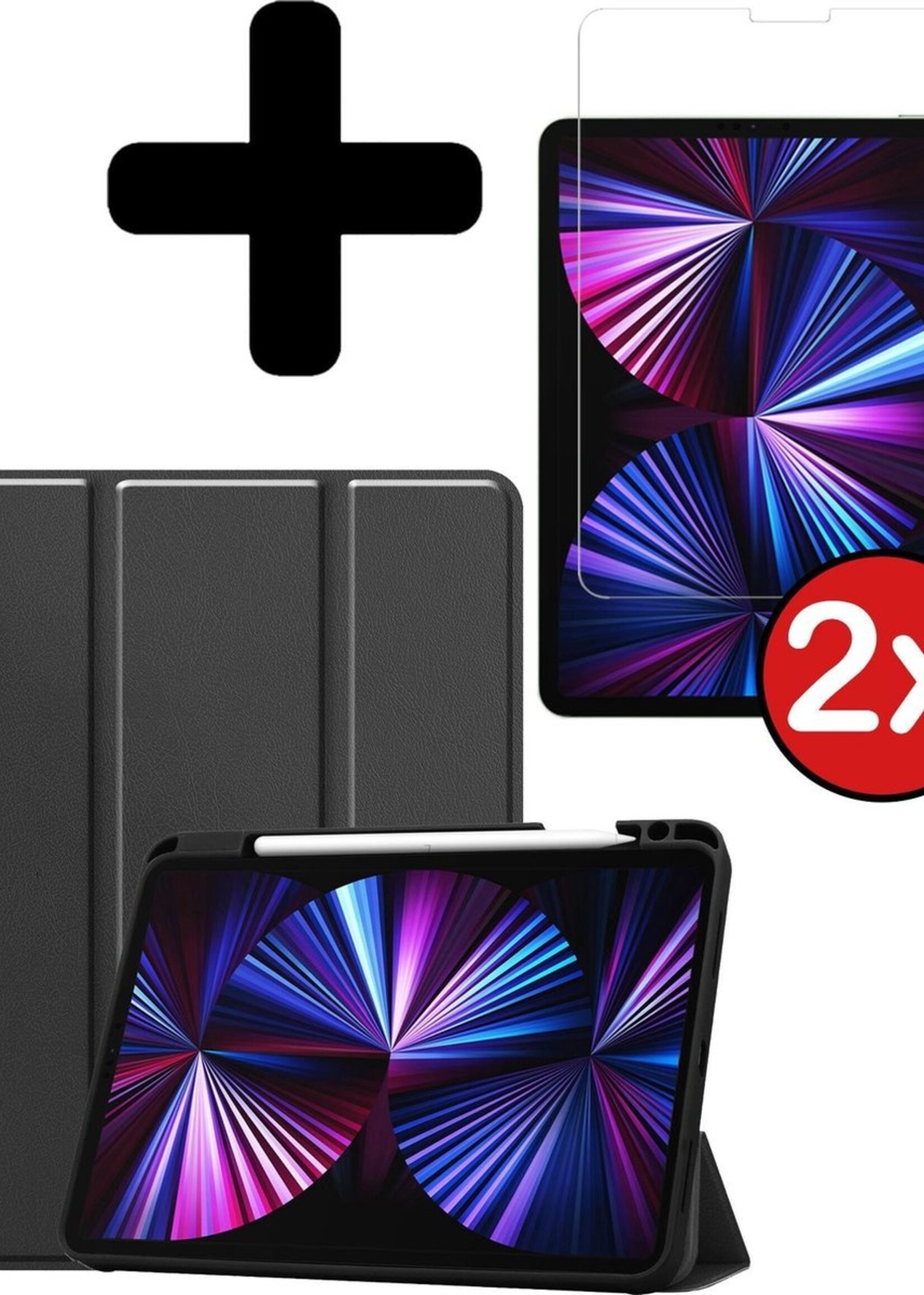 BTH Hoes Geschikt voor iPad Pro 2021 (11 inch) Hoes Book Case Hoesje Trifold Cover Met Uitsparing Geschikt voor Apple Pencil Met Screenprotector - Hoesje Geschikt voor iPad Pro 11 inch (2021) Hoesje Bookcase - Zwart