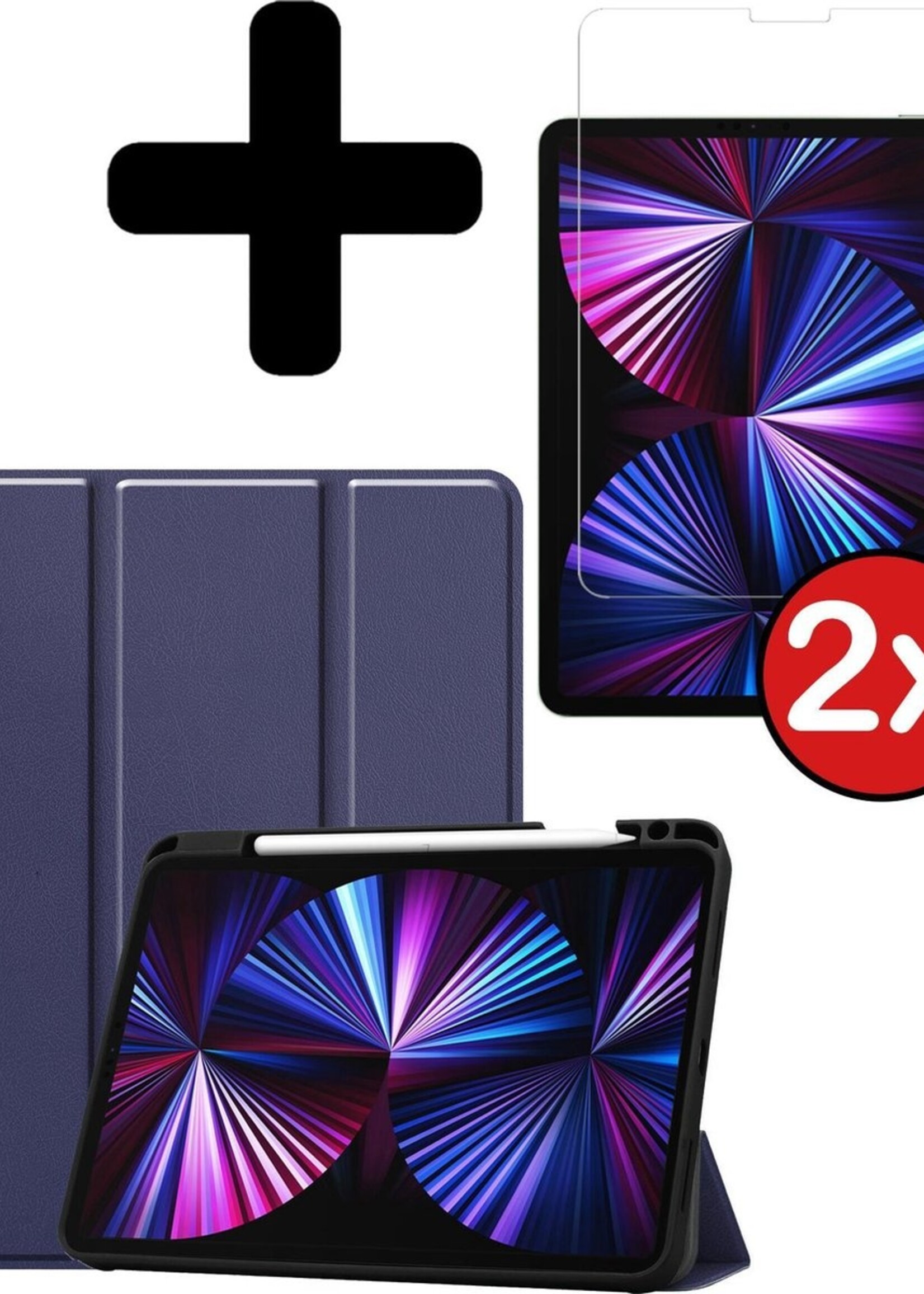 BTH Hoes Geschikt voor iPad Pro 2021 (11 inch) Hoes Book Case Hoesje Trifold Cover Met Uitsparing Geschikt voor Apple Pencil Met Screenprotector - Hoesje Geschikt voor iPad Pro 11 inch (2021) Hoesje Bookcase - Donkerblauw