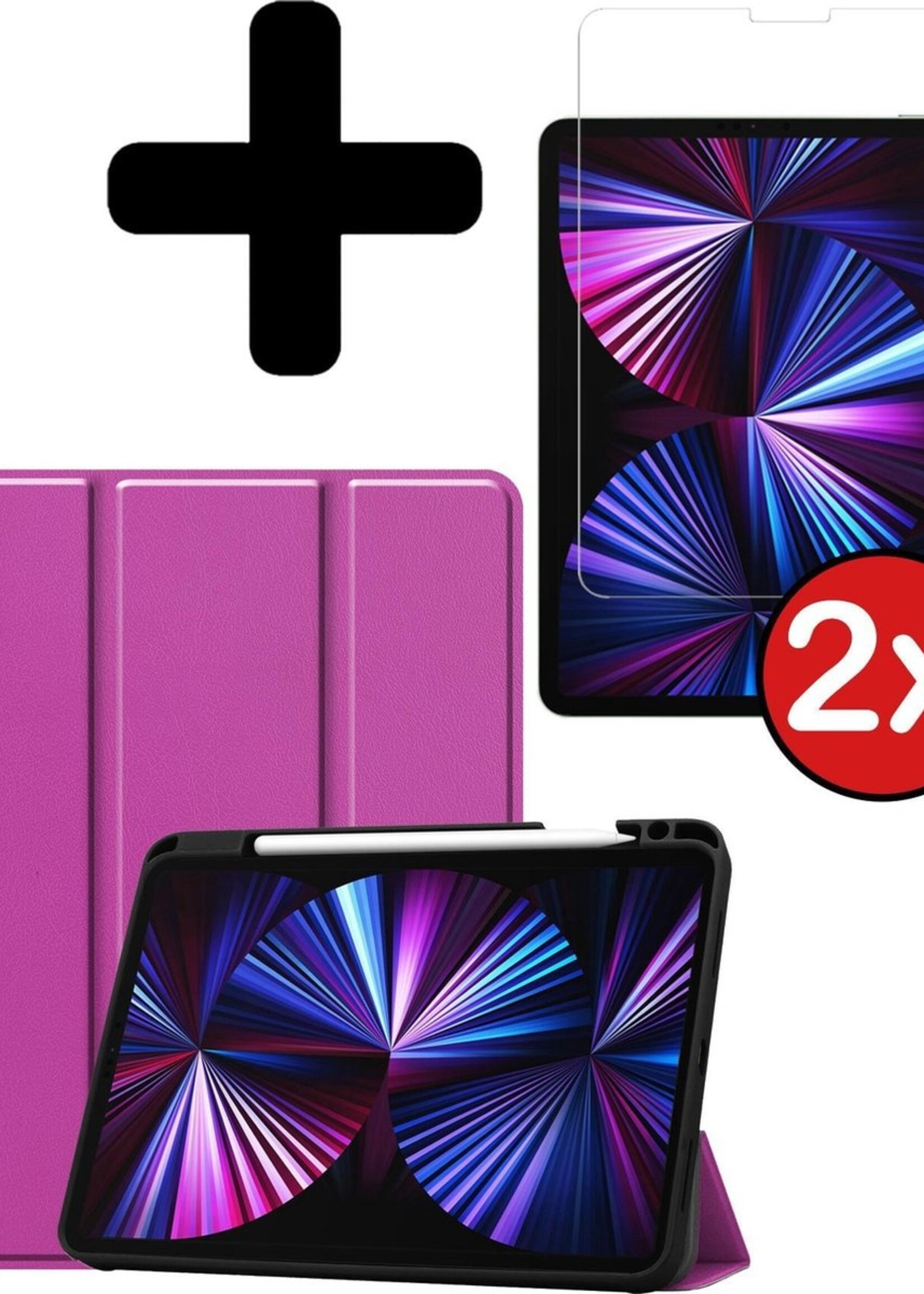 BTH Hoes Geschikt voor iPad Pro 2021 (11 inch) Hoes Book Case Hoesje Trifold Cover Met Uitsparing Geschikt voor Apple Pencil Met Screenprotector - Hoesje Geschikt voor iPad Pro 11 inch (2021) Hoesje Bookcase - Paars
