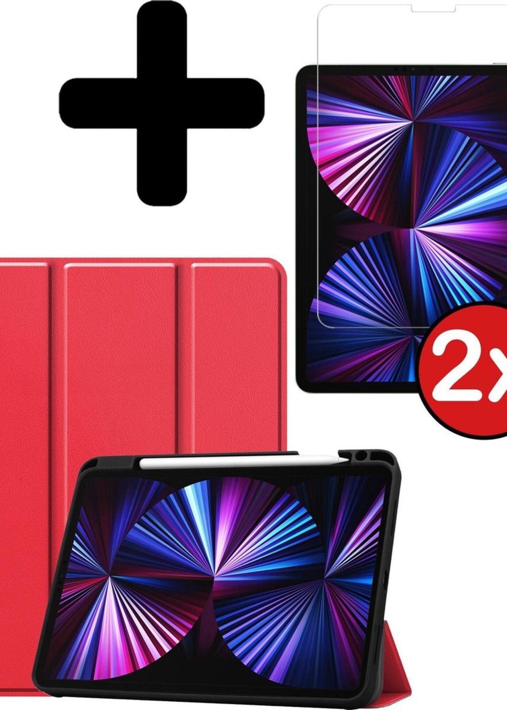 BTH Hoes Geschikt voor iPad Pro 2021 (11 inch) Hoes Book Case Hoesje Trifold Cover Met Uitsparing Geschikt voor Apple Pencil Met Screenprotector - Hoesje Geschikt voor iPad Pro 11 inch (2021) Hoesje Bookcase - Rood
