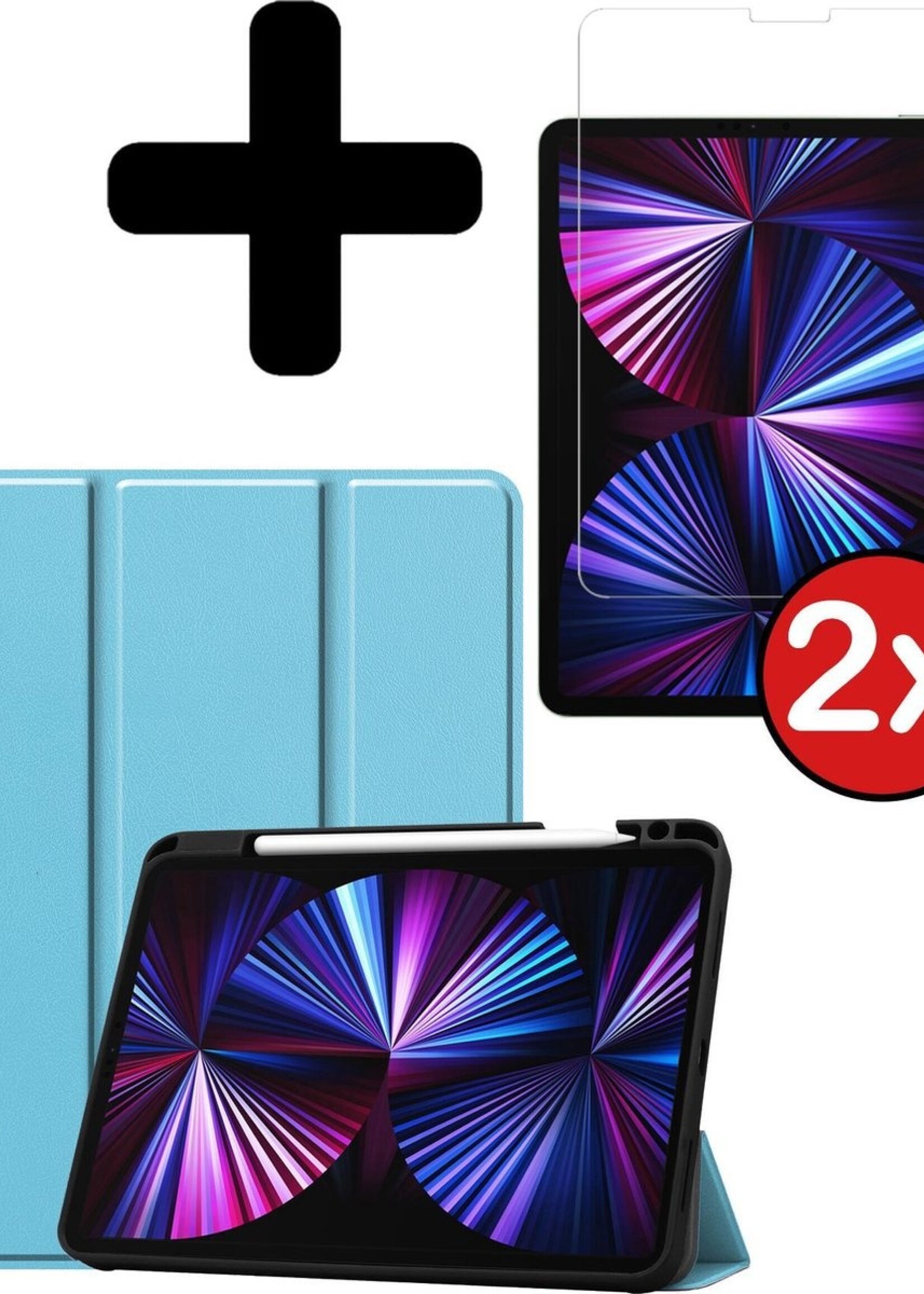 BTH Hoes Geschikt voor iPad Pro 2021 (11 inch) Hoes Book Case Hoesje Trifold Cover Met Uitsparing Geschikt voor Apple Pencil Met Screenprotector - Hoesje Geschikt voor iPad Pro 11 inch (2021) Hoesje Bookcase - Lichtblauw