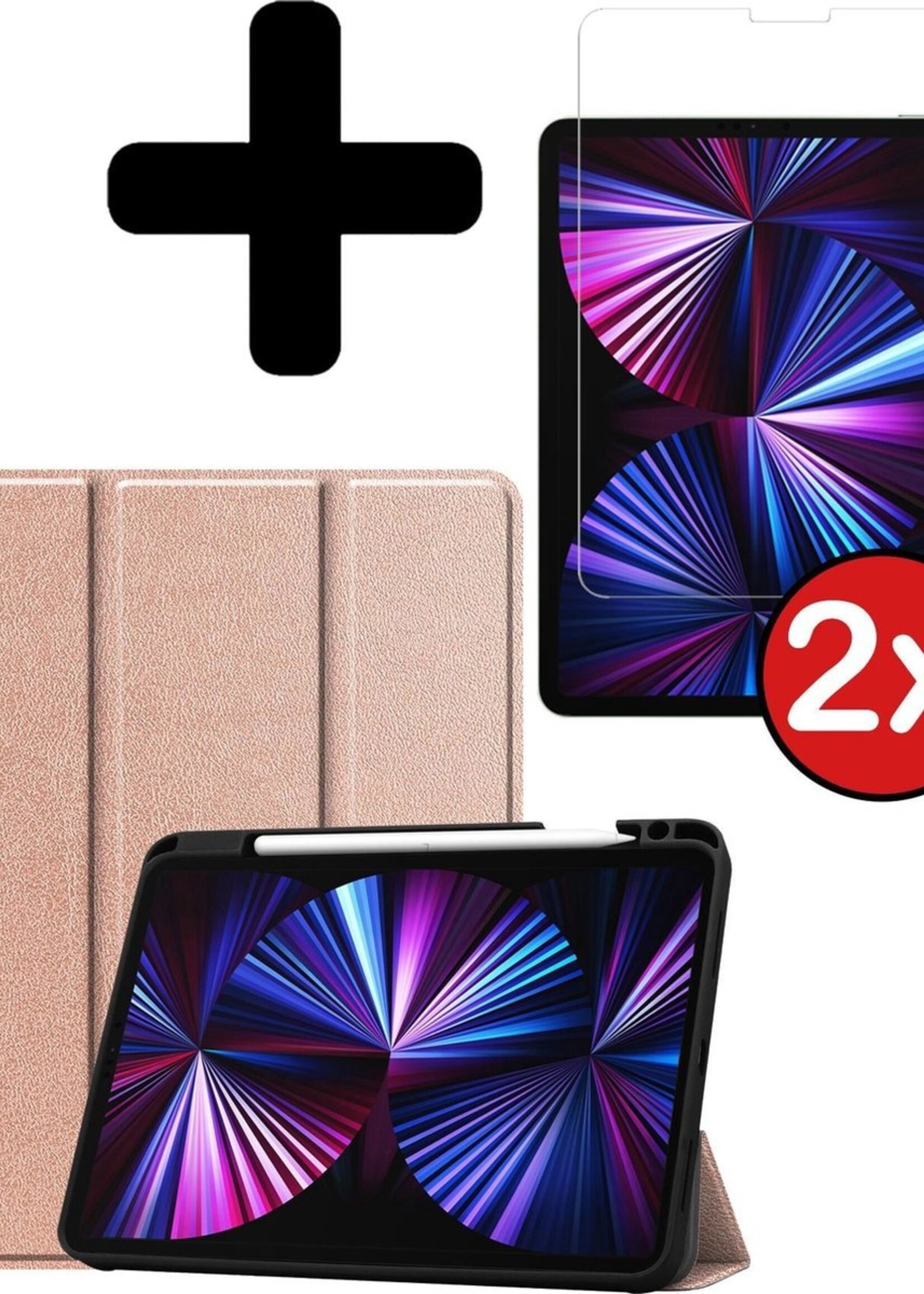 BTH Hoes Geschikt voor iPad Pro 2021 (11 inch) Hoes Book Case Hoesje Trifold Cover Met Uitsparing Geschikt voor Apple Pencil Met Screenprotector - Hoesje Geschikt voor iPad Pro 11 inch (2021) Hoesje Bookcase - Rosé goud