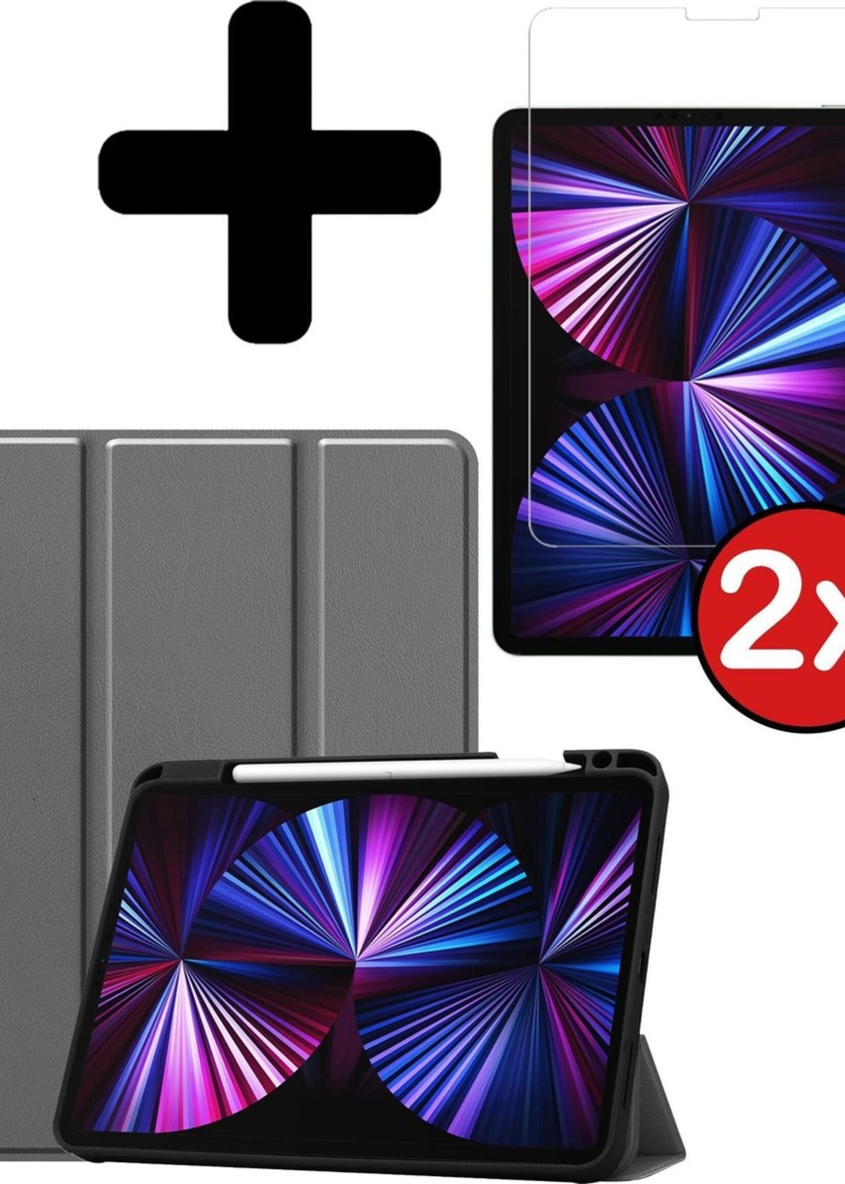 BTH Hoes Geschikt voor iPad Pro 2021 (11 inch) Hoes Book Case Hoesje Trifold Cover Met Uitsparing Geschikt voor Apple Pencil Met Screenprotector - Hoesje Geschikt voor iPad Pro 11 inch (2021) Hoesje Bookcase - Grijs