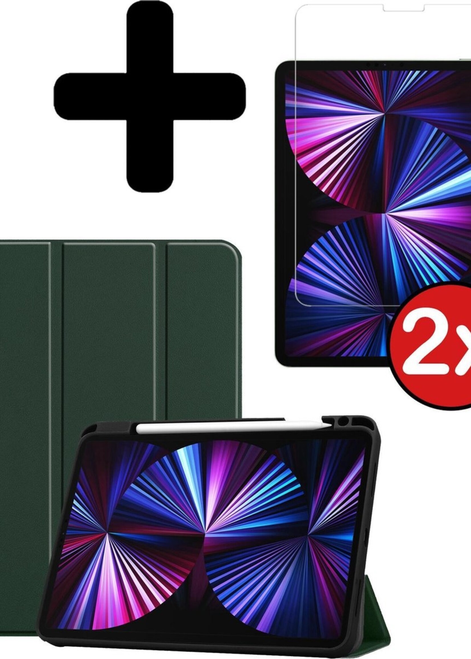 BTH Hoes Geschikt voor iPad Pro 2021 (11 inch) Hoes Book Case Hoesje Trifold Cover Met Uitsparing Geschikt voor Apple Pencil Met Screenprotector - Hoesje Geschikt voor iPad Pro 11 inch (2021) Hoesje Bookcase - Donkergroen