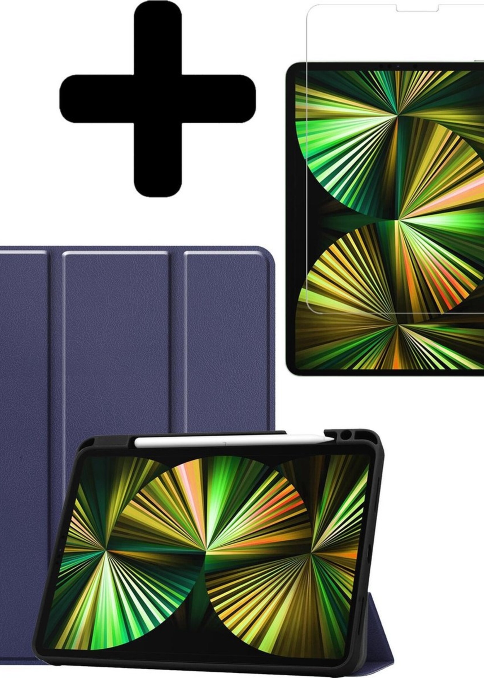 BTH Hoes Geschikt voor iPad Pro 2021 (12,9 inch) Hoes Book Case Hoesje Trifold Cover Met Uitsparing Geschikt voor Apple Pencil Met Screenprotector - Hoesje Geschikt voor iPad Pro 12,9 inch (2021) Hoesje Bookcase - Donkerblauw