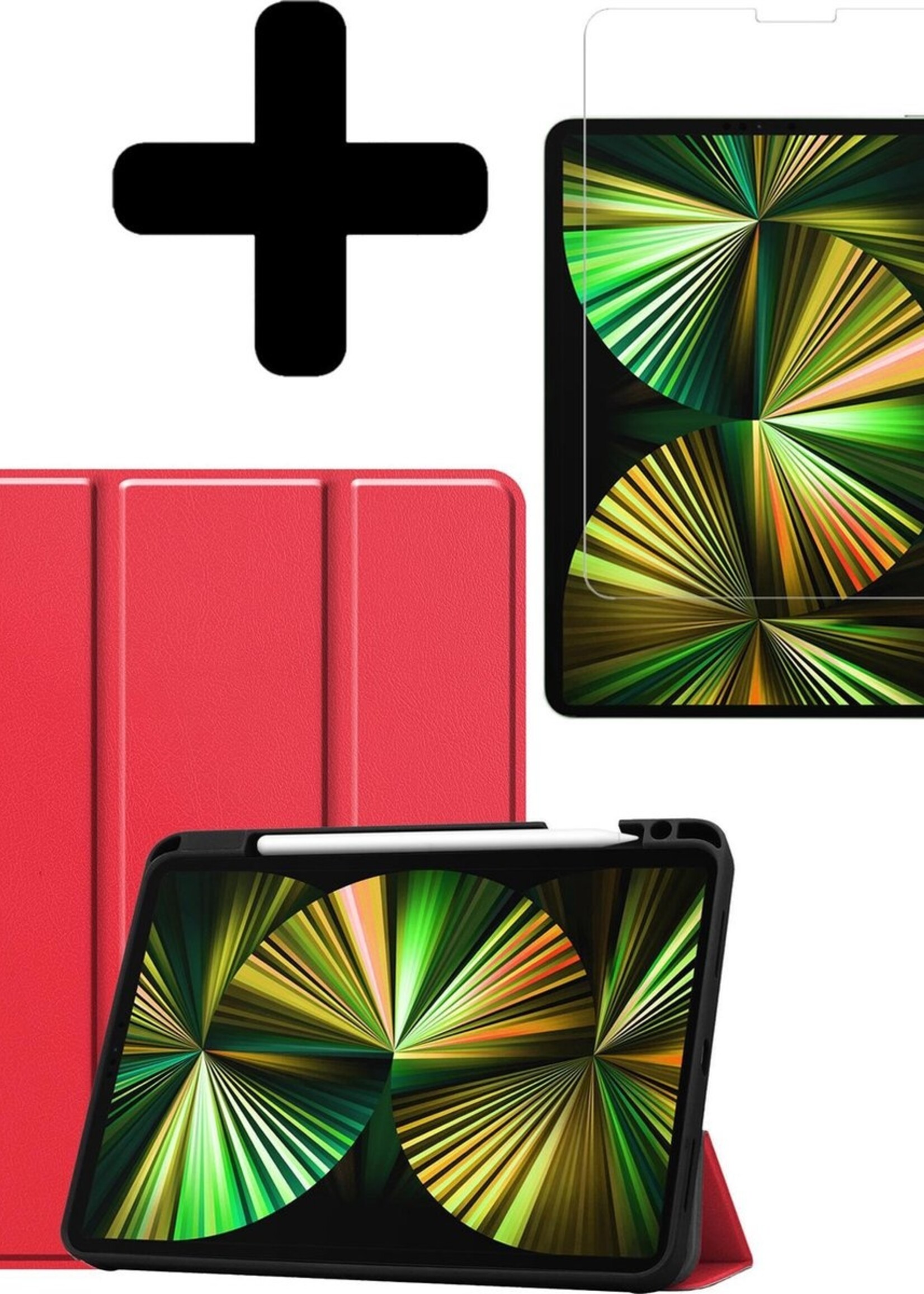 BTH Hoes Geschikt voor iPad Pro 2021 (12,9 inch) Hoes Book Case Hoesje Trifold Cover Met Uitsparing Geschikt voor Apple Pencil Met Screenprotector - Hoesje Geschikt voor iPad Pro 12,9 inch (2021) Hoesje Bookcase - Rood