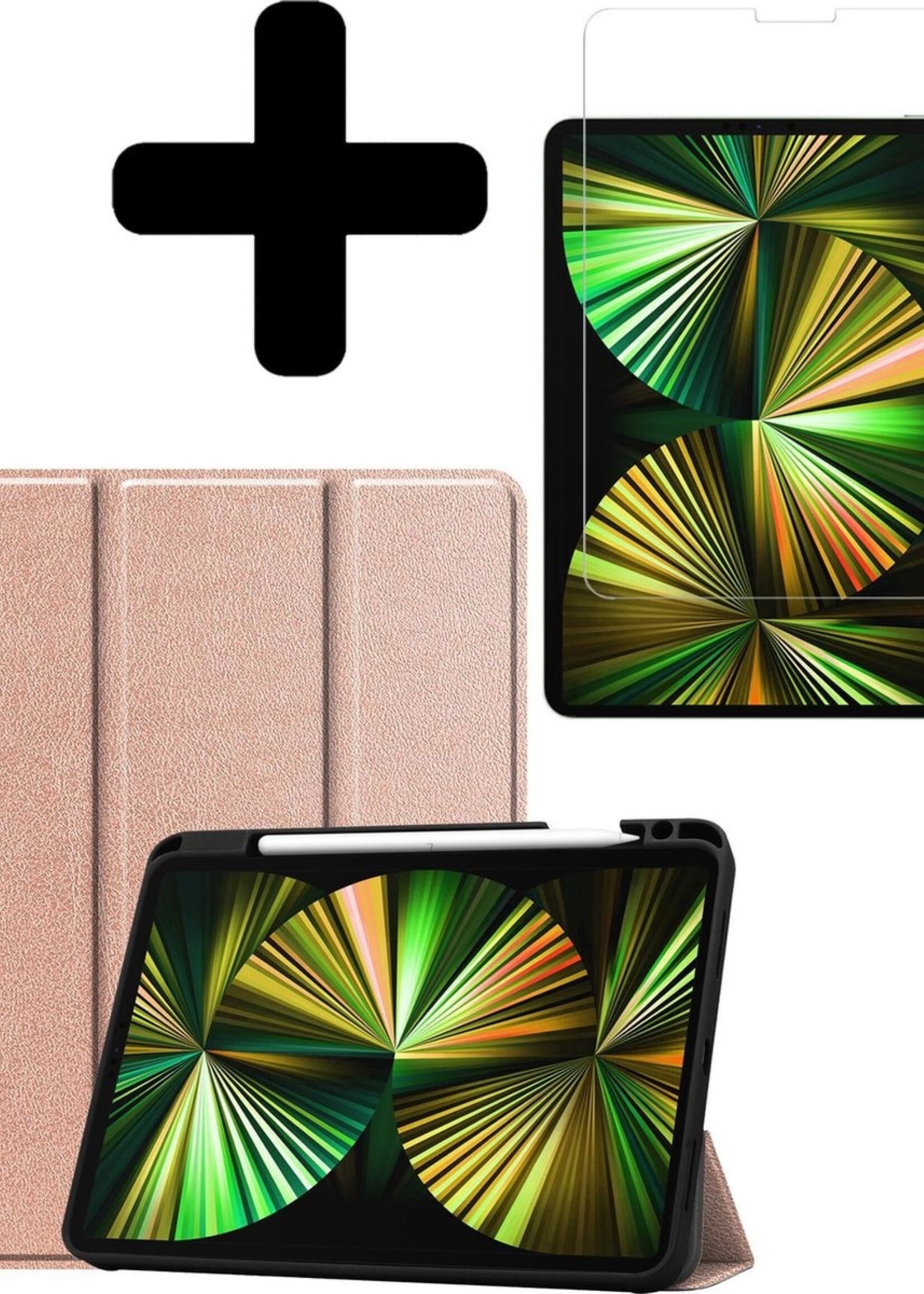 BTH Hoes Geschikt voor iPad Pro 2021 (12,9 inch) Hoes Book Case Hoesje Trifold Cover Met Uitsparing Geschikt voor Apple Pencil Met Screenprotector - Hoesje Geschikt voor iPad Pro 12,9 inch (2021) Hoesje Bookcase - Rosé goud