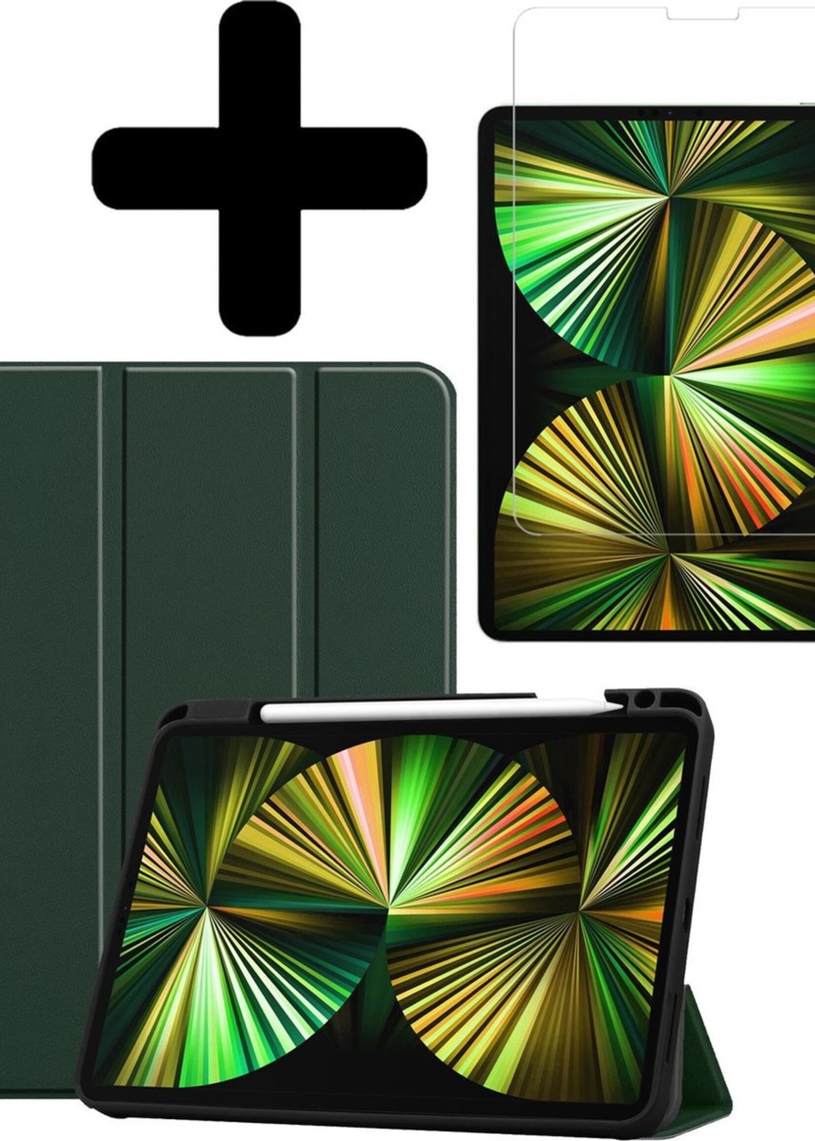 BTH Hoes Geschikt voor iPad Pro 2021 (12,9 inch) Hoes Book Case Hoesje Trifold Cover Met Uitsparing Geschikt voor Apple Pencil Met Screenprotector - Hoesje Geschikt voor iPad Pro 12,9 inch (2021) Hoesje Bookcase - Donkergroen
