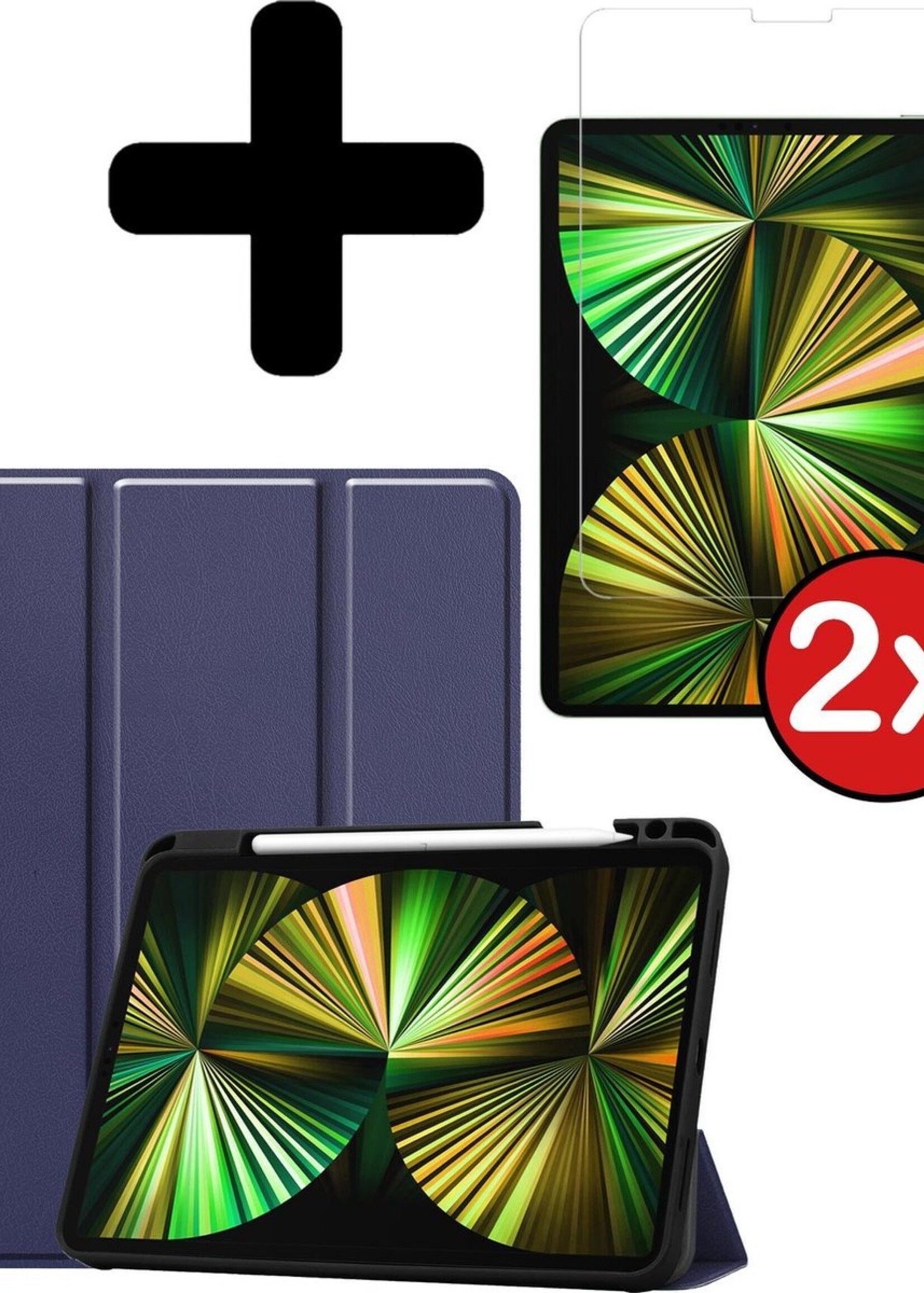 BTH Hoes Geschikt voor iPad Pro 2021 (12,9 inch) Hoes Book Case Hoesje Trifold Cover Met Uitsparing Geschikt voor Apple Pencil Met Screenprotector - Hoesje Geschikt voor iPad Pro 12,9 inch (2021) Hoesje Bookcase - Donkerblauw