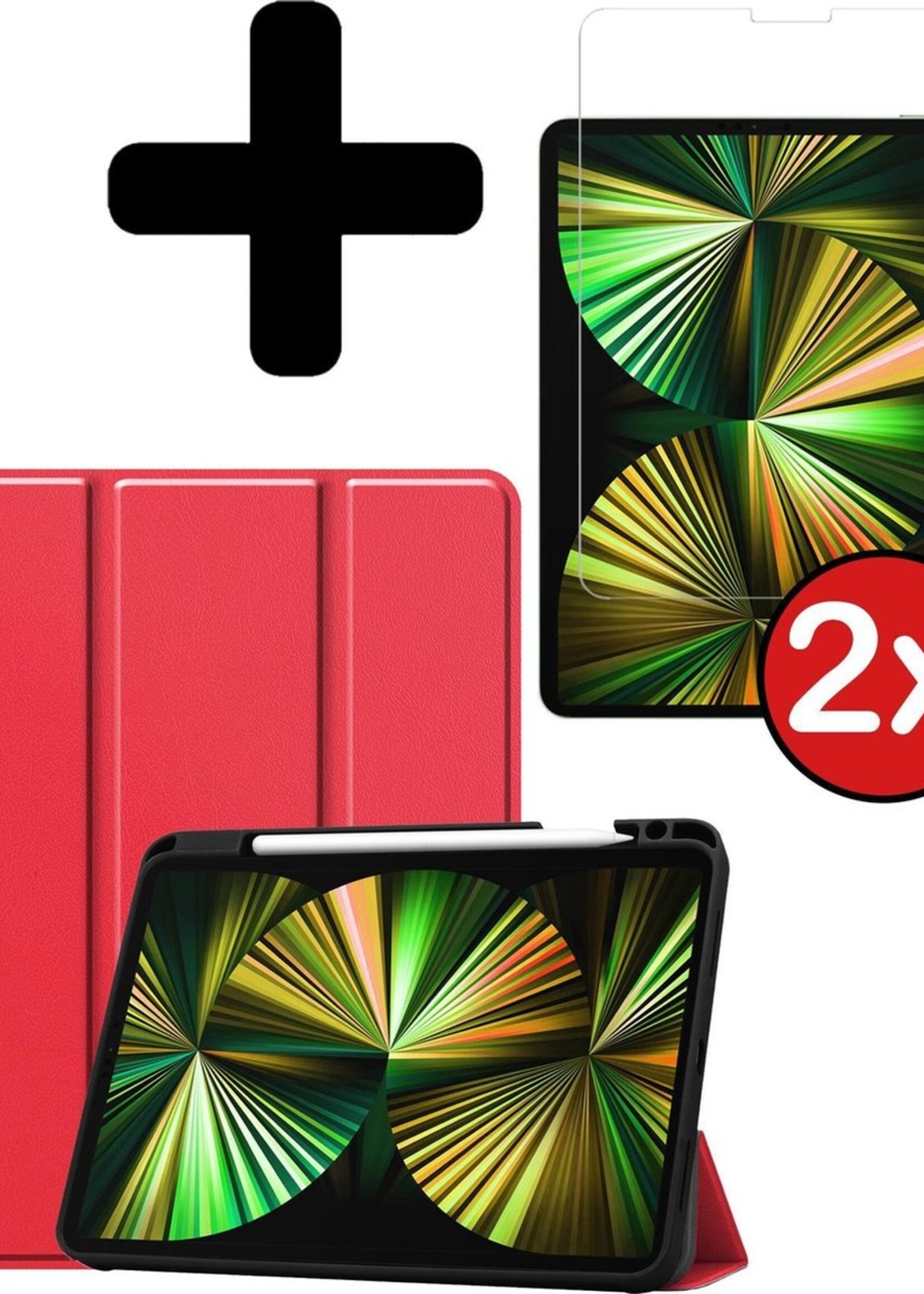 BTH Hoes Geschikt voor iPad Pro 2021 (12,9 inch) Hoes Book Case Hoesje Trifold Cover Met Uitsparing Geschikt voor Apple Pencil Met Screenprotector - Hoesje Geschikt voor iPad Pro 12,9 inch (2021) Hoesje Bookcase - Rood