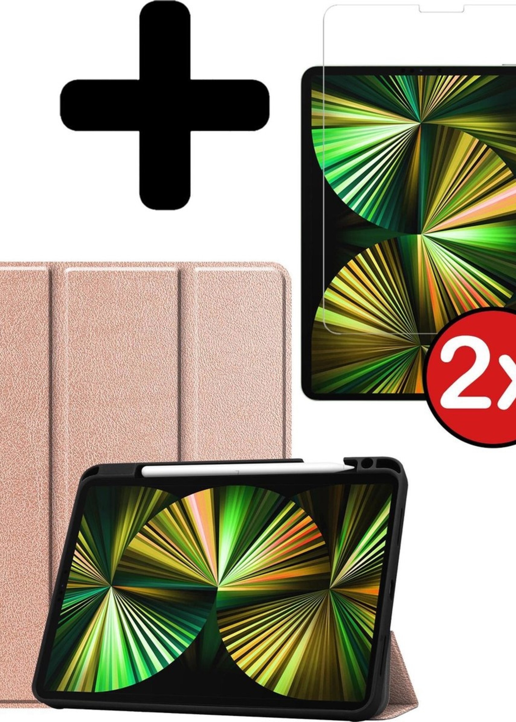 BTH Hoes Geschikt voor iPad Pro 2021 (12,9 inch) Hoes Book Case Hoesje Trifold Cover Met Uitsparing Geschikt voor Apple Pencil Met Screenprotector - Hoesje Geschikt voor iPad Pro 12,9 inch (2021) Hoesje Bookcase - Rosé goud