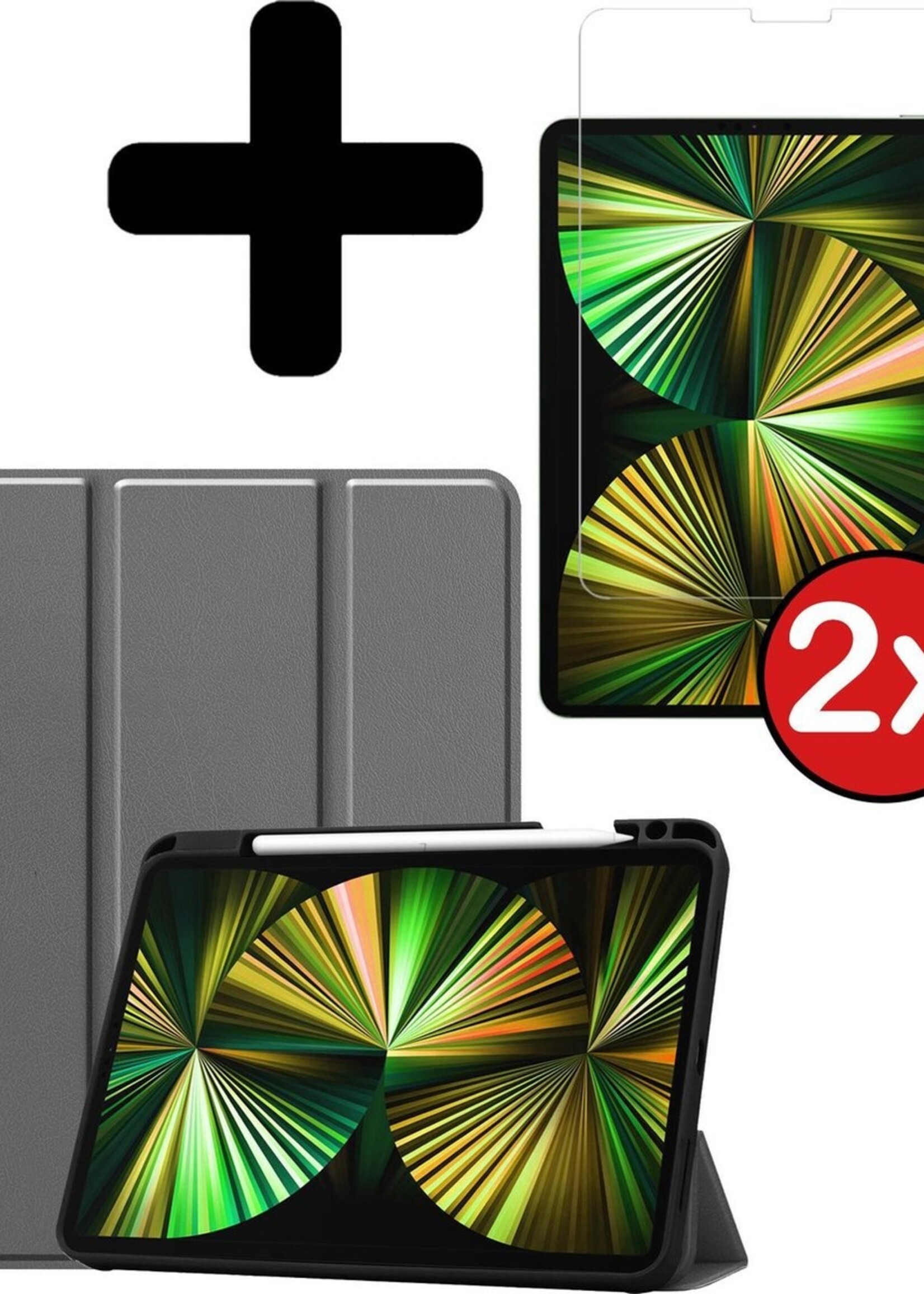 BTH Hoes Geschikt voor iPad Pro 2021 (12,9 inch) Hoes Book Case Hoesje Trifold Cover Met Uitsparing Geschikt voor Apple Pencil Met Screenprotector - Hoesje Geschikt voor iPad Pro 12,9 inch (2021) Hoesje Bookcase - Grijs