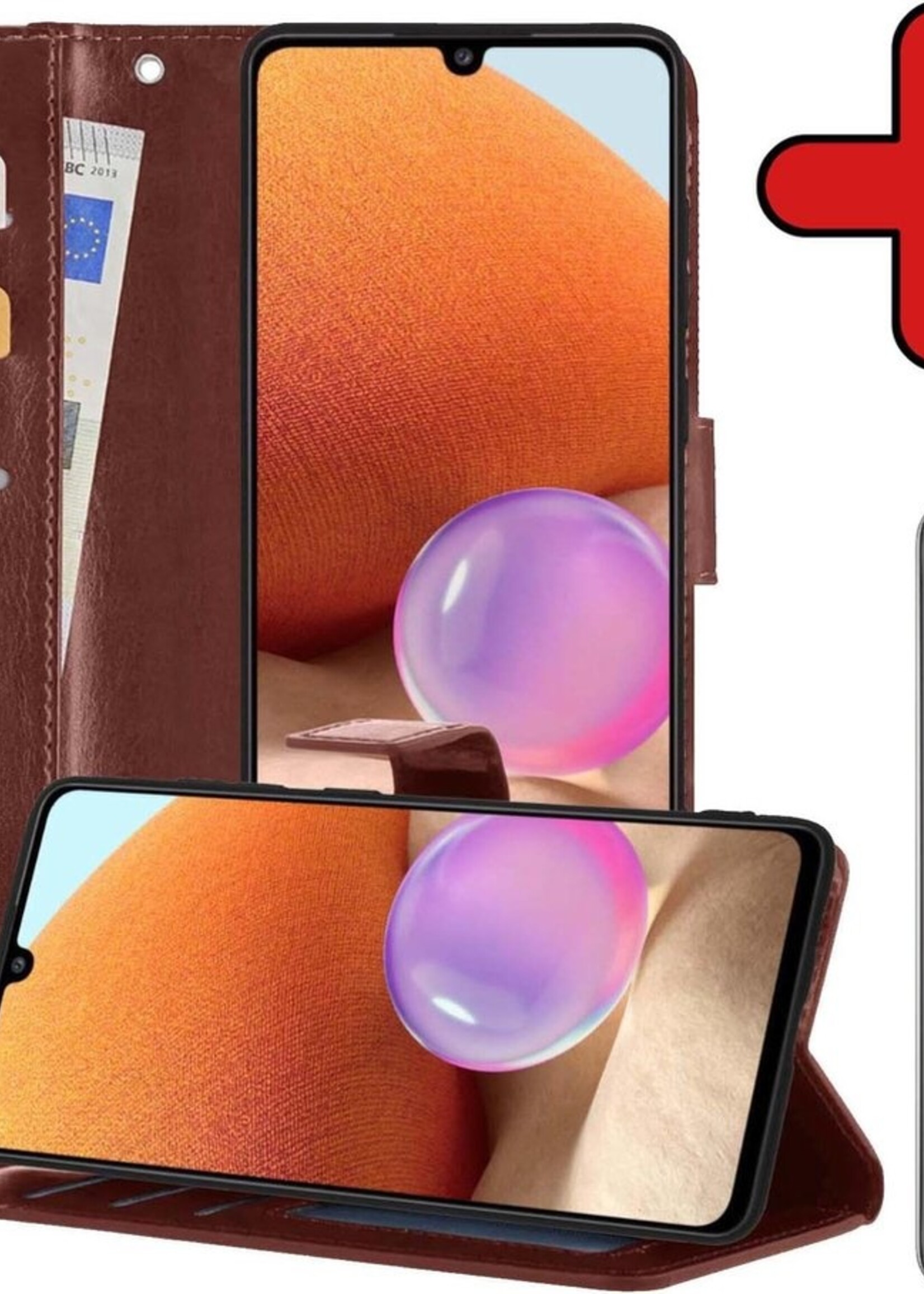 BTH Hoesje Geschikt voor Samsung A32 4G Hoesje Book Case Hoes Portemonnee Cover Walletcase Met Screenprotector - Hoes Geschikt voor Samsung Galaxy A32 4G Hoes Bookcase Hoesje - Bruin