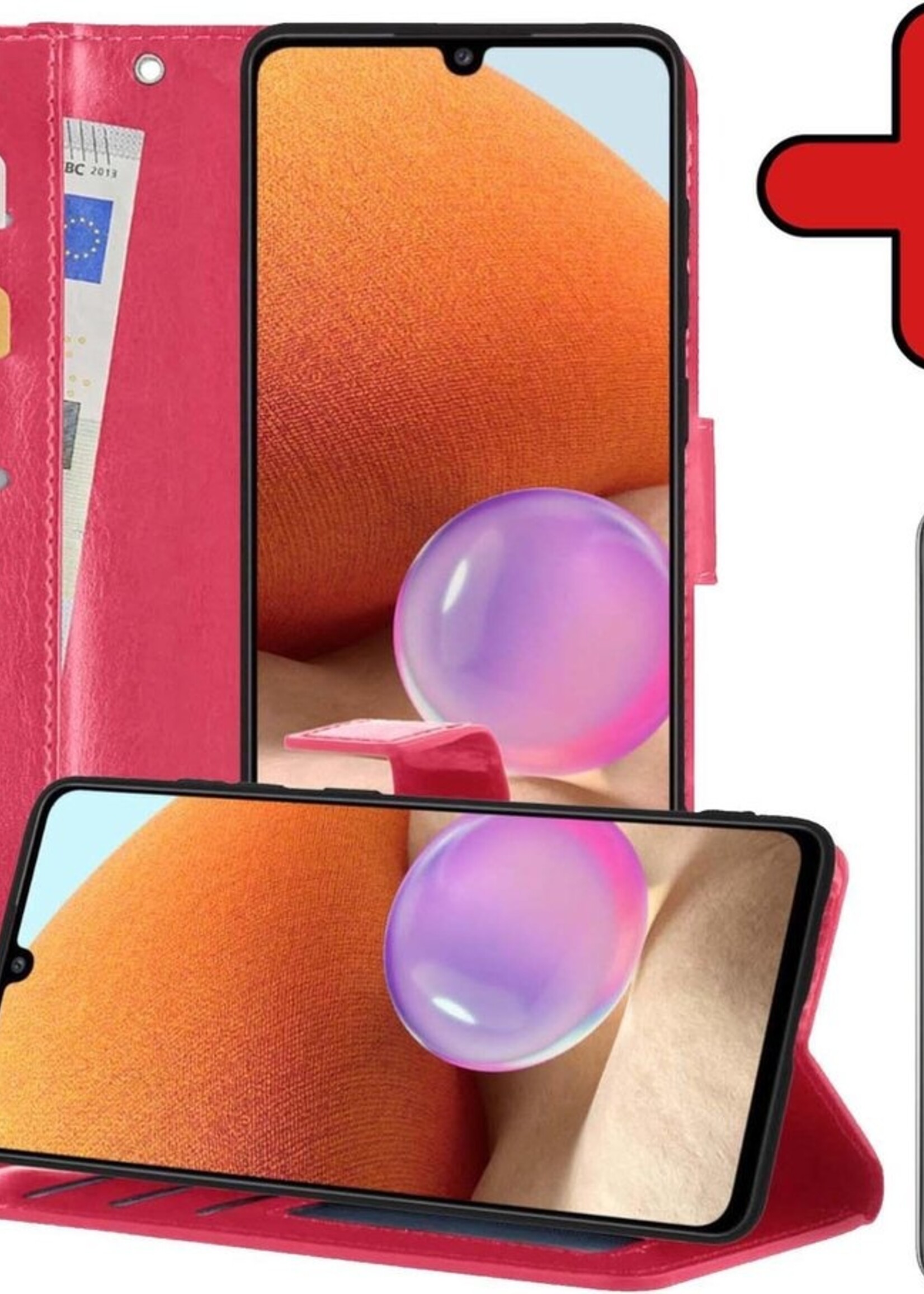 BTH Hoesje Geschikt voor Samsung A32 4G Hoesje Book Case Hoes Portemonnee Cover Walletcase Met Screenprotector - Hoes Geschikt voor Samsung Galaxy A32 4G Hoes Bookcase Hoesje - Donkerroze