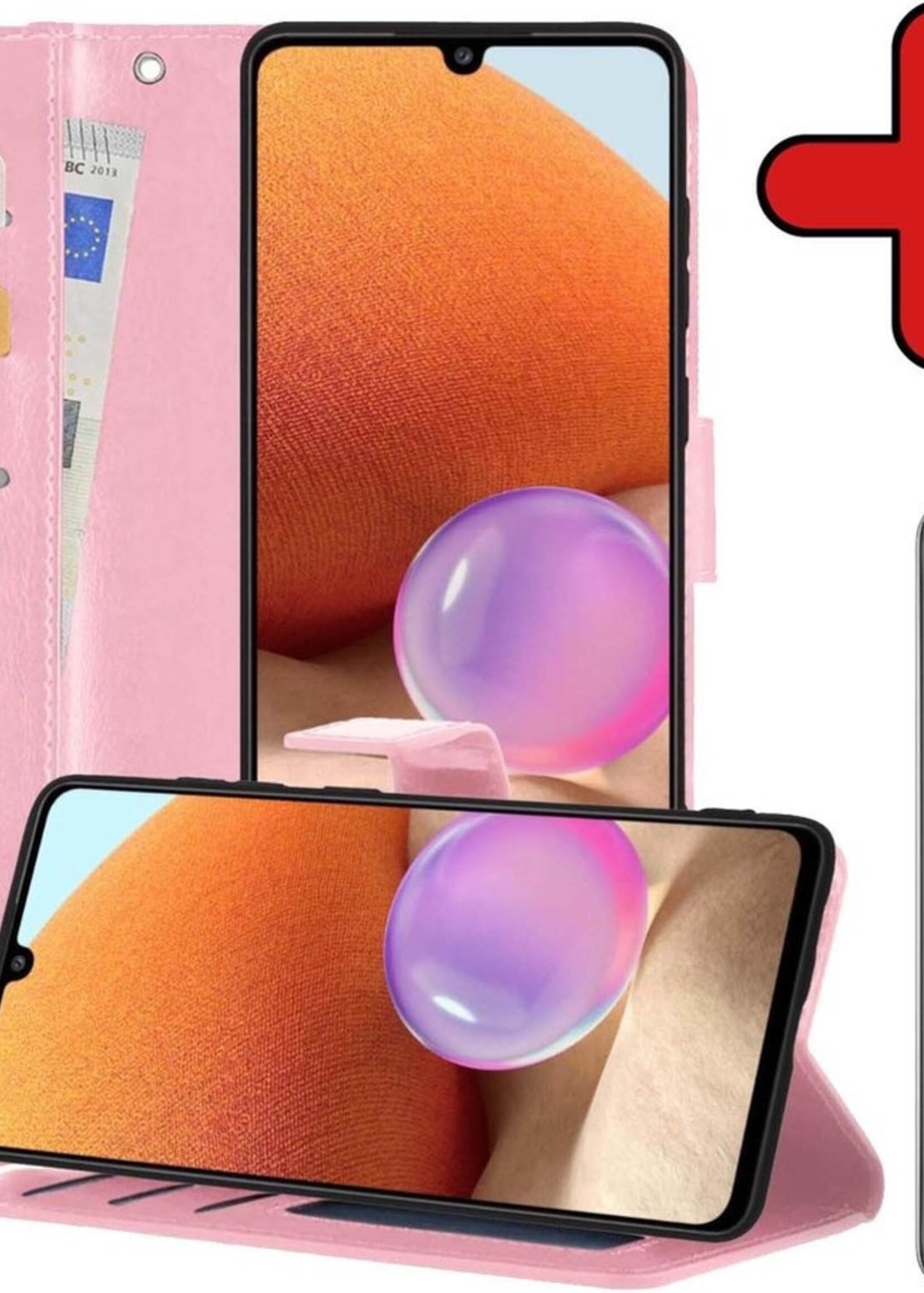 BTH Hoesje Geschikt voor Samsung A32 4G Hoesje Book Case Hoes Portemonnee Cover Walletcase Met Screenprotector - Hoes Geschikt voor Samsung Galaxy A32 4G Hoes Bookcase Hoesje - Lichtroze