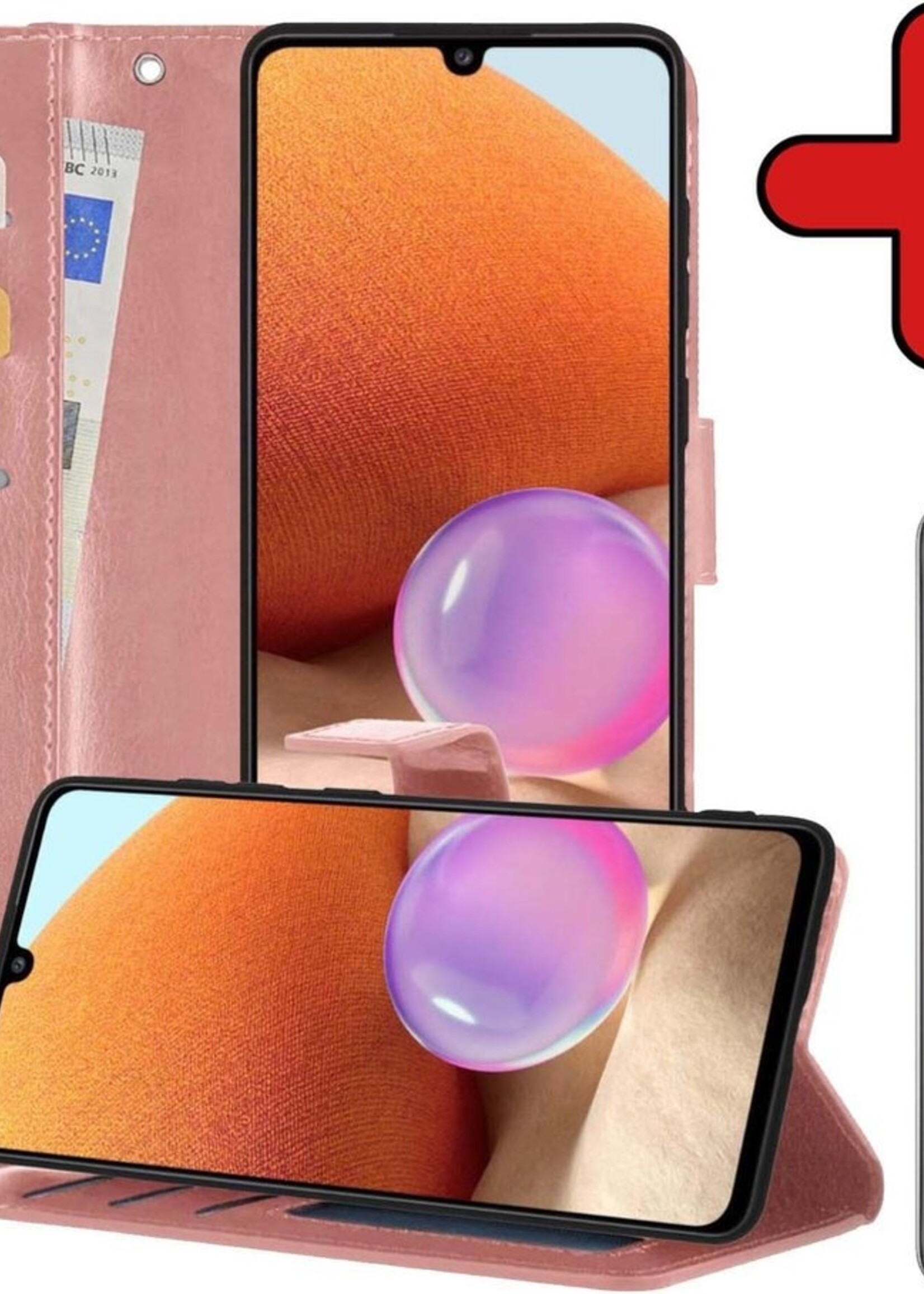 BTH Hoesje Geschikt voor Samsung A32 4G Hoesje Book Case Hoes Portemonnee Cover Walletcase Met Screenprotector - Hoes Geschikt voor Samsung Galaxy A32 4G Hoes Bookcase Hoesje - Rosé goud