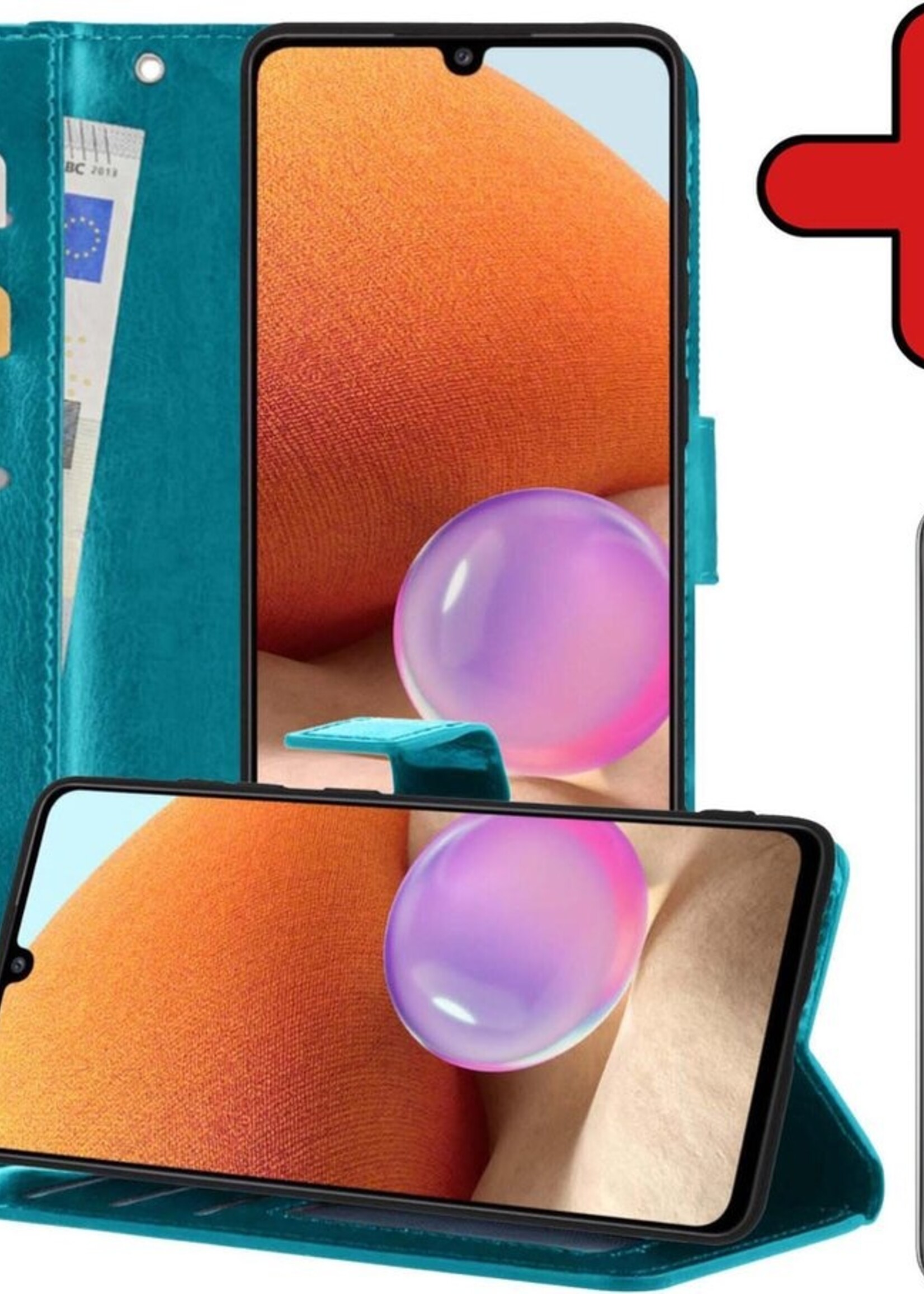 BTH Hoesje Geschikt voor Samsung A32 4G Hoesje Book Case Hoes Portemonnee Cover Walletcase Met Screenprotector - Hoes Geschikt voor Samsung Galaxy A32 4G Hoes Bookcase Hoesje - Turquoise