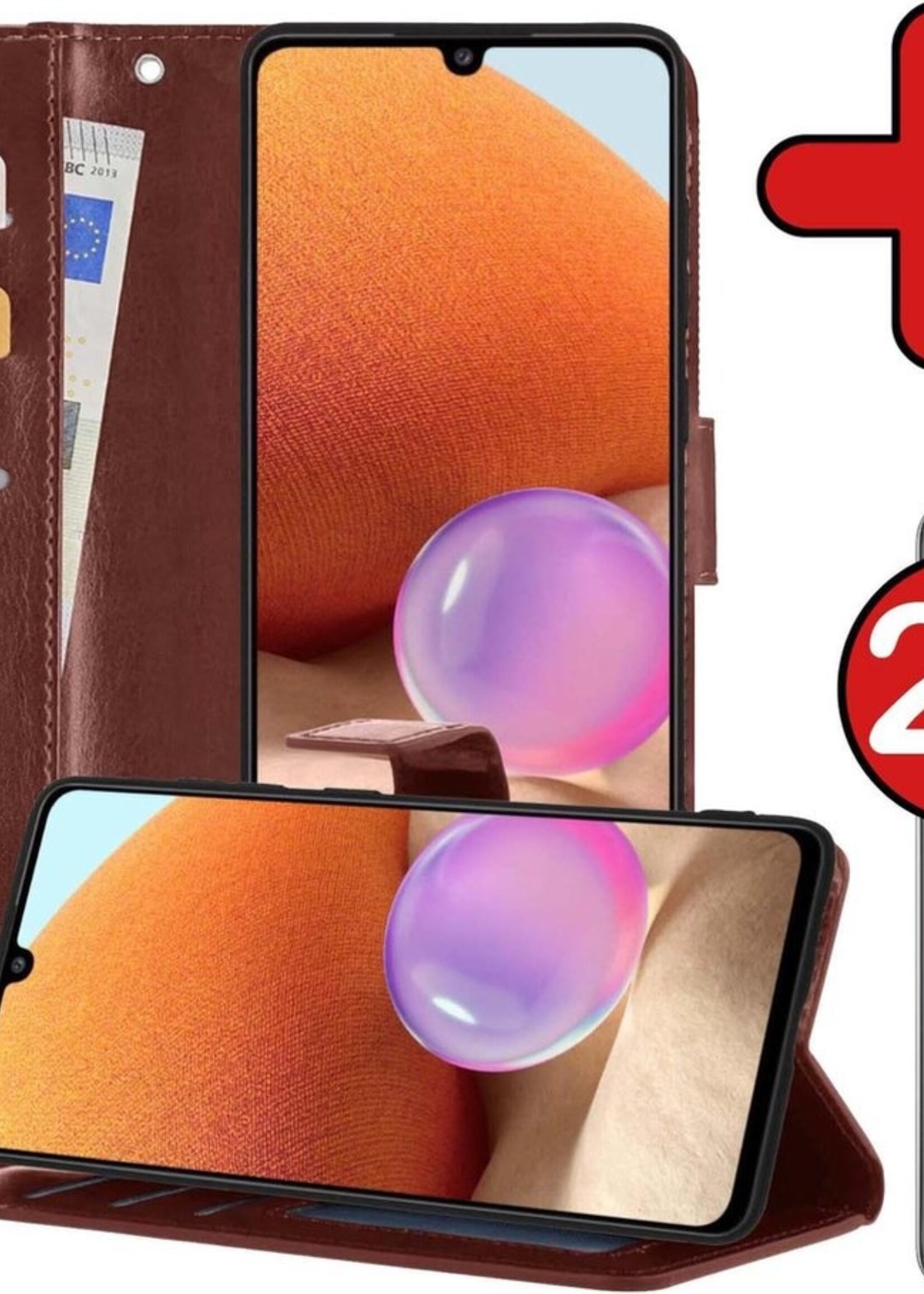 BTH Hoesje Geschikt voor Samsung A32 4G Hoesje Book Case Hoes Portemonnee Cover Walletcase Met 2x Screenprotector - Hoes Geschikt voor Samsung Galaxy A32 4G Hoes Bookcase Hoesje - Bruin
