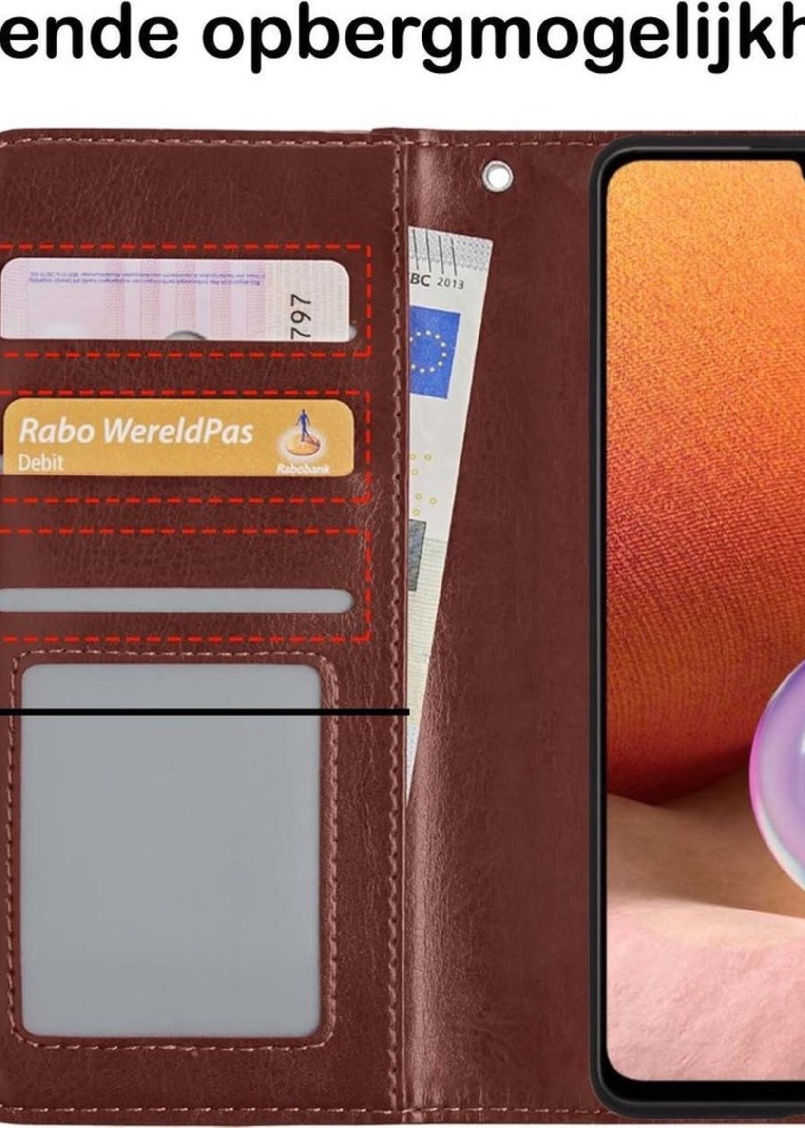 BTH Hoesje Geschikt voor Samsung A32 4G Hoesje Book Case Hoes Portemonnee Cover Walletcase Met 2x Screenprotector - Hoes Geschikt voor Samsung Galaxy A32 4G Hoes Bookcase Hoesje - Bruin