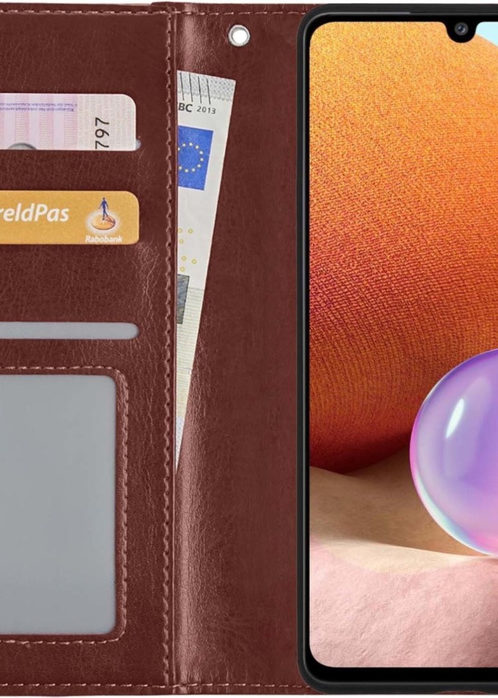 BTH Hoesje Geschikt voor Samsung A32 4G Hoesje Book Case Hoes Portemonnee Cover Walletcase Met 2x Screenprotector - Hoes Geschikt voor Samsung Galaxy A32 4G Hoes Bookcase Hoesje - Bruin