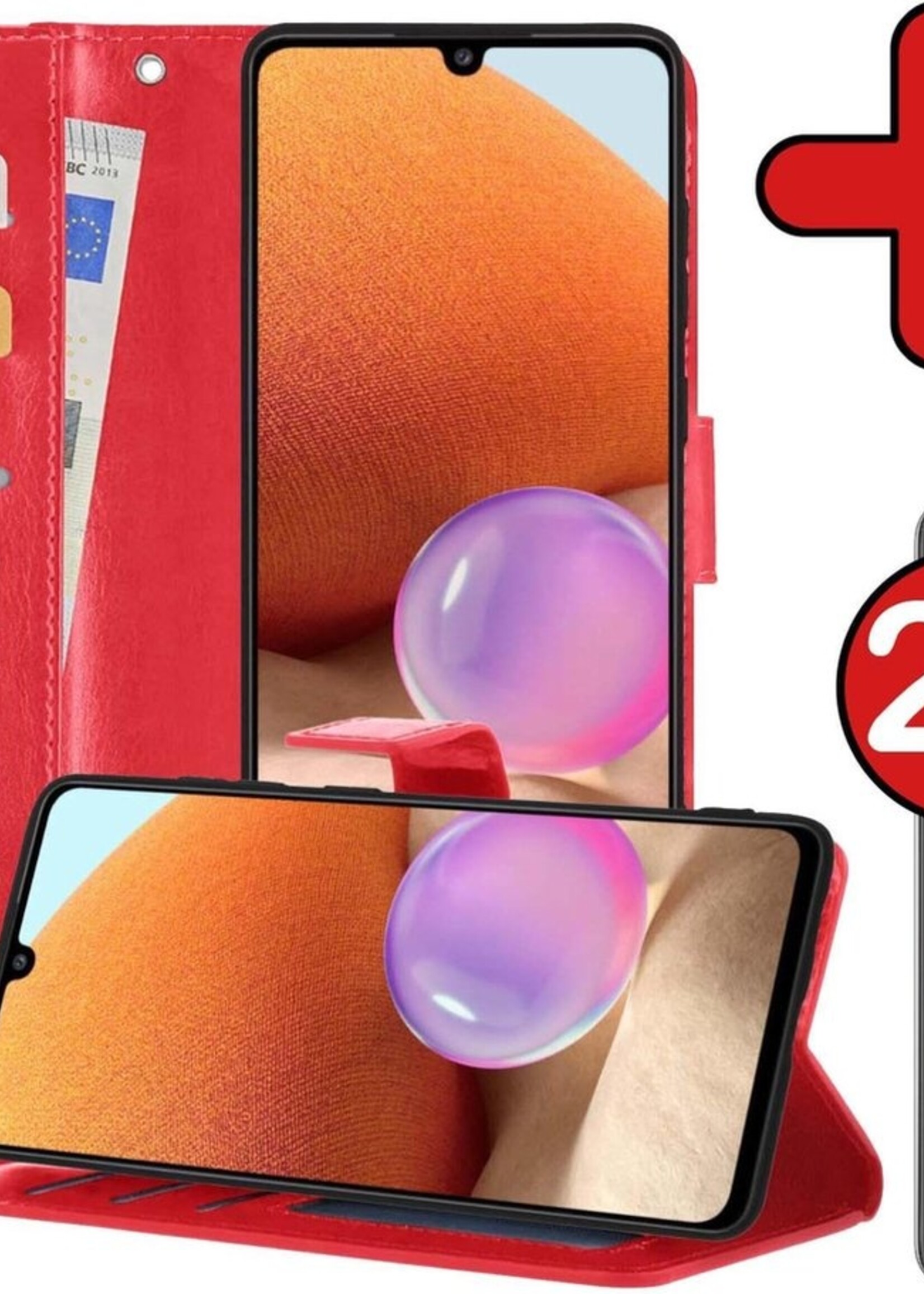 BTH Hoesje Geschikt voor Samsung A32 4G Hoesje Book Case Hoes Portemonnee Cover Walletcase Met 2x Screenprotector - Hoes Geschikt voor Samsung Galaxy A32 4G Hoes Bookcase Hoesje - Rood