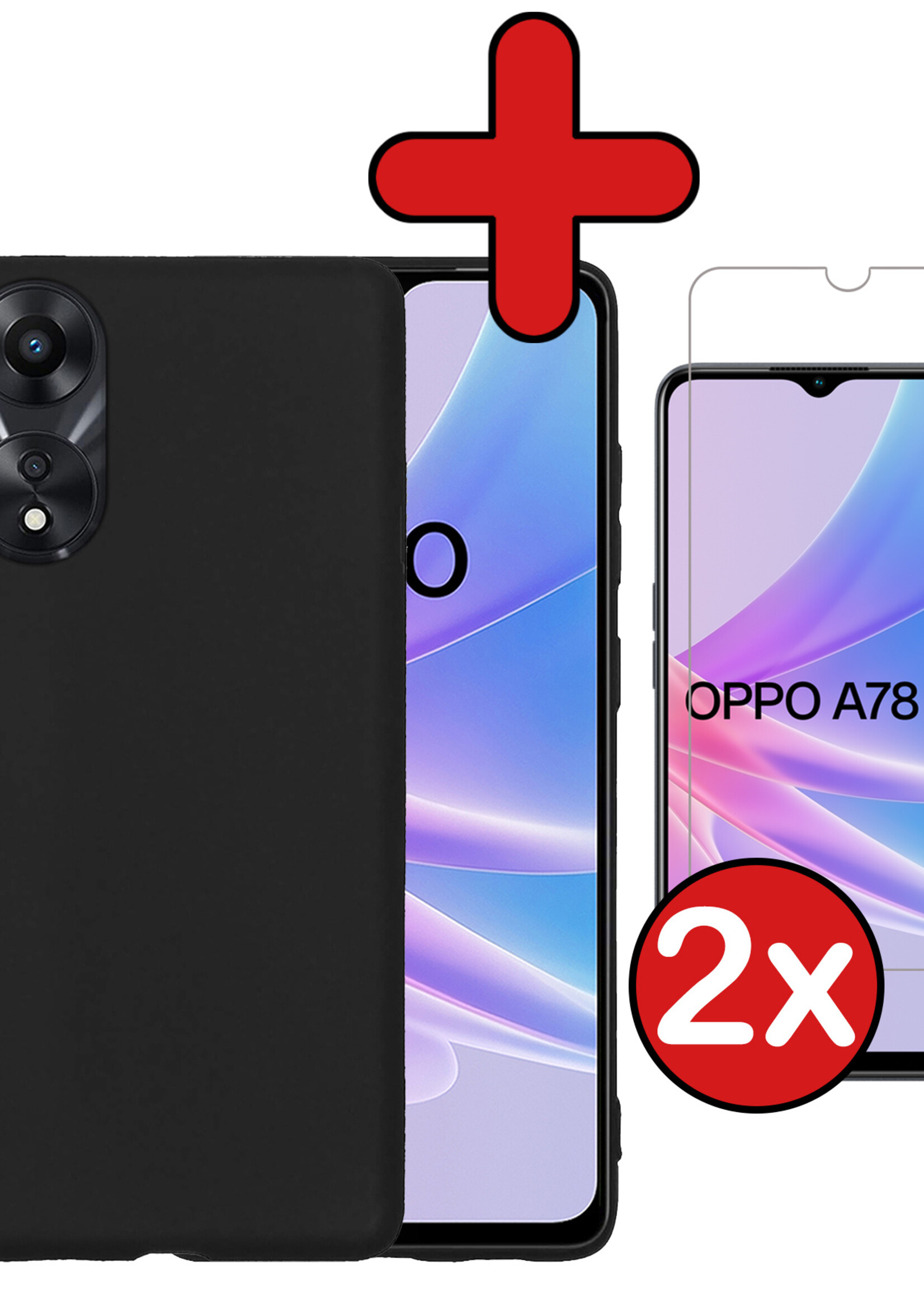 BTH Hoesje Geschikt voor OPPO A78 5G Hoesje Siliconen Case Hoes Met 2x Screenprotector - Hoes Geschikt voor OPPO A78 Hoes Cover Case - Zwart