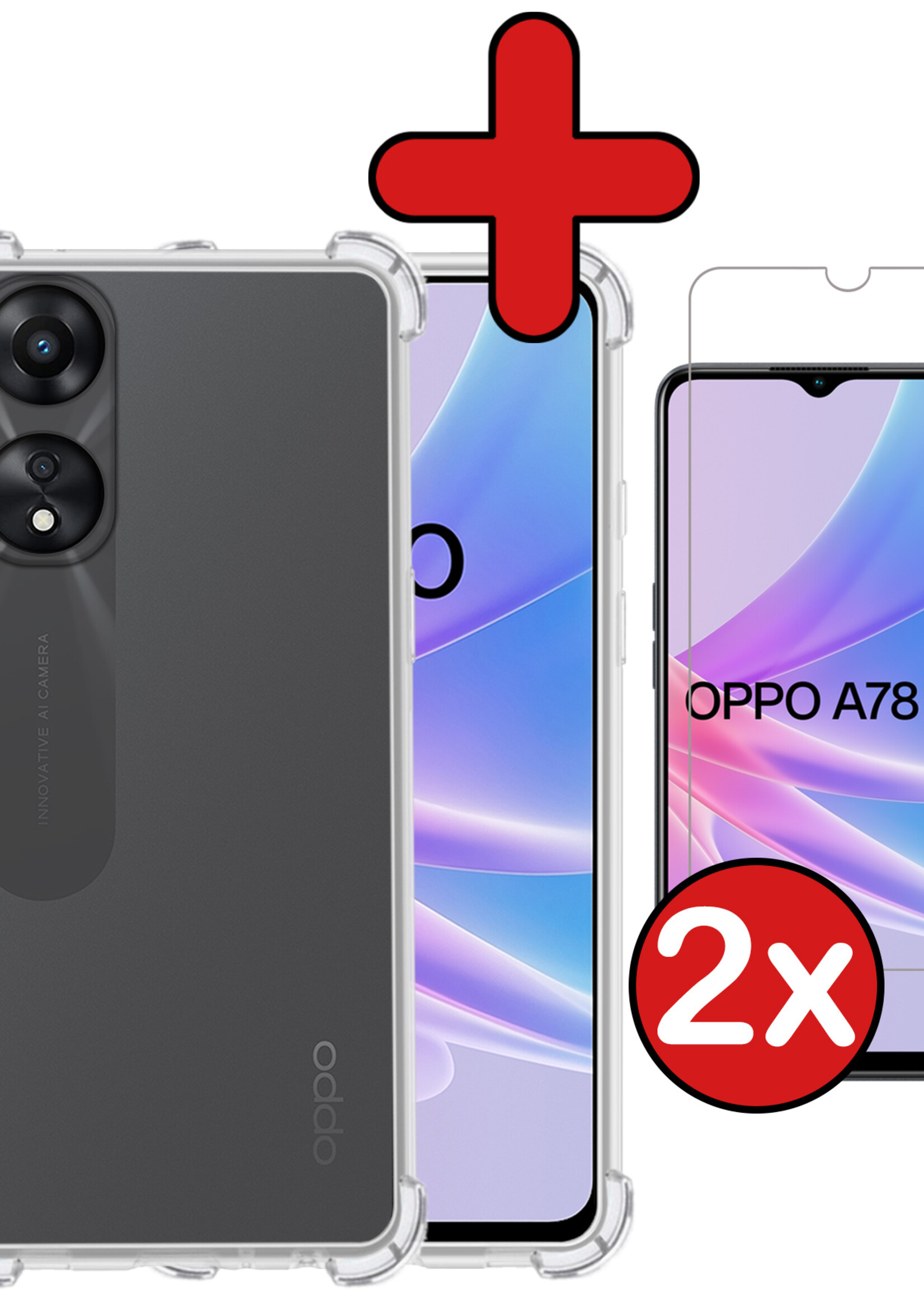 BTH Hoesje Geschikt voor OPPO A78 5G Hoesje Siliconen Shock Proof Case Hoes Met 2x Screenprotector - Hoes Geschikt voor OPPO A78 Hoes Cover Case Shockproof - Transparant