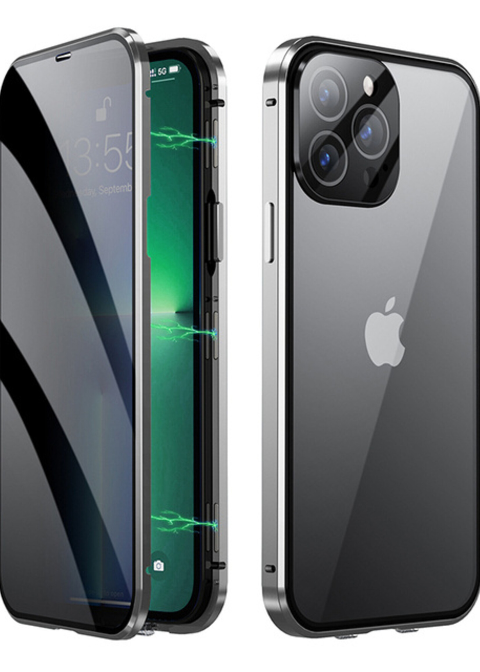 BTH Hoesje Geschikt voor iPhone 13 Pro Max Hoesje Dubbelzijdig Gehard Glas Magneet Case - Hoes Geschikt voor iPhone 13 Pro Max Hoes Met Magnetische Connectie - Zilver