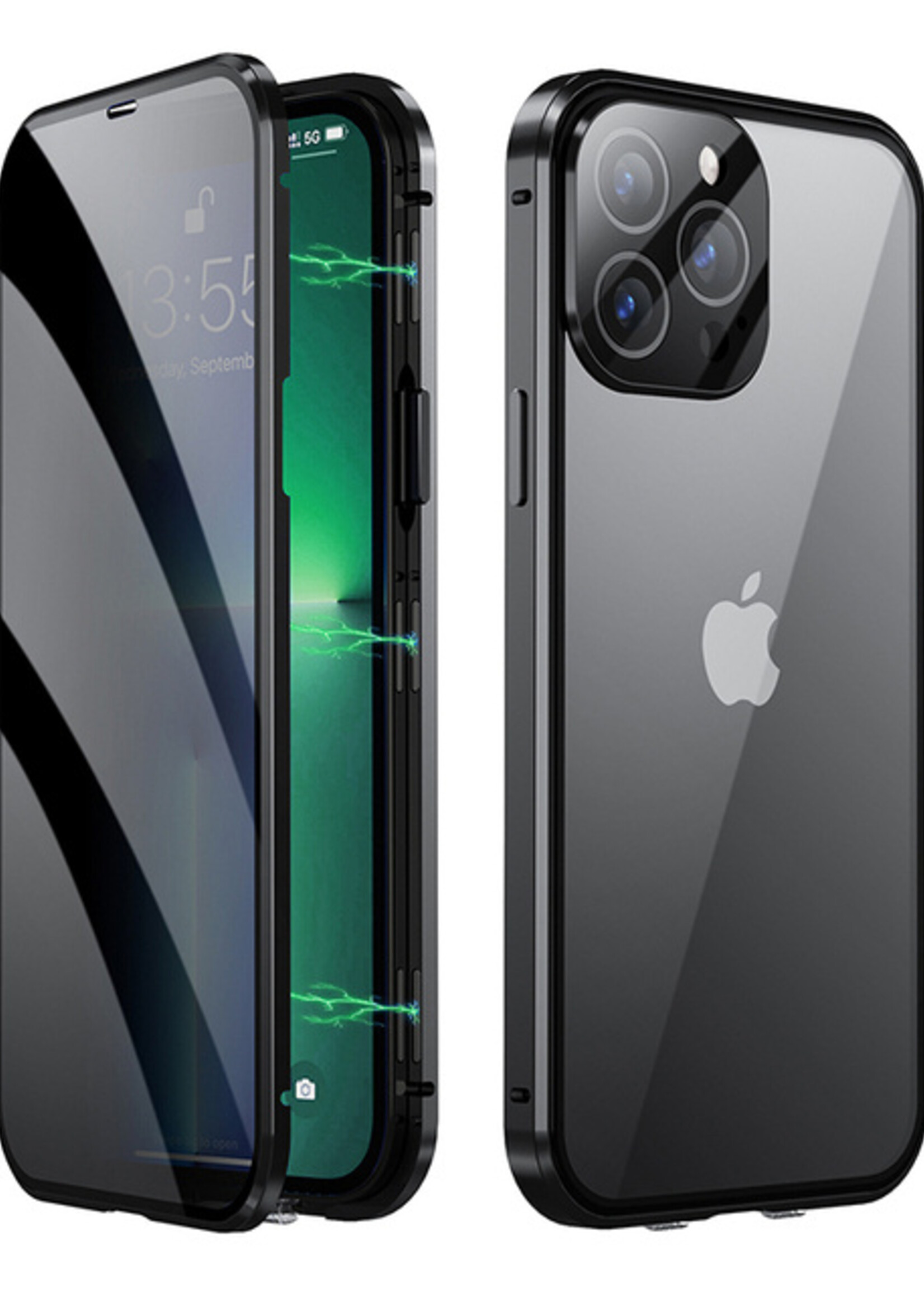 BTH Hoesje Geschikt voor iPhone 13 Pro Max Hoesje Dubbelzijdig Gehard Glas Magneet Case - Hoes Geschikt voor iPhone 13 Pro Max Hoes Met Magnetische Connectie - Zwart