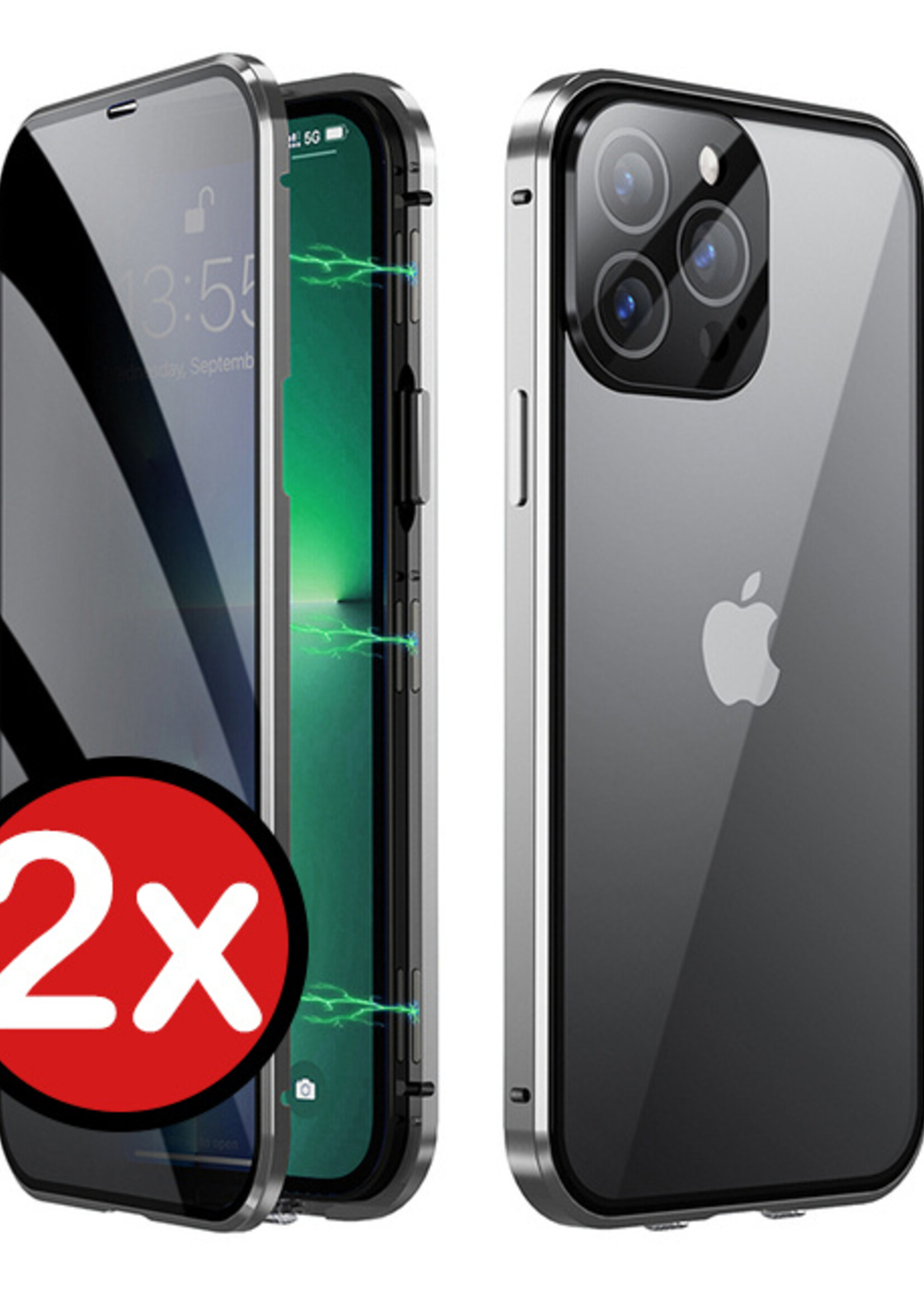 BTH Hoesje Geschikt voor iPhone 8 Plus Hoesje Dubbelzijdig Gehard Glas Magneet Case - Hoes Geschikt voor iPhone 8 Plus Hoes Met Magnetische Connectie - Zilver - 2 PACK