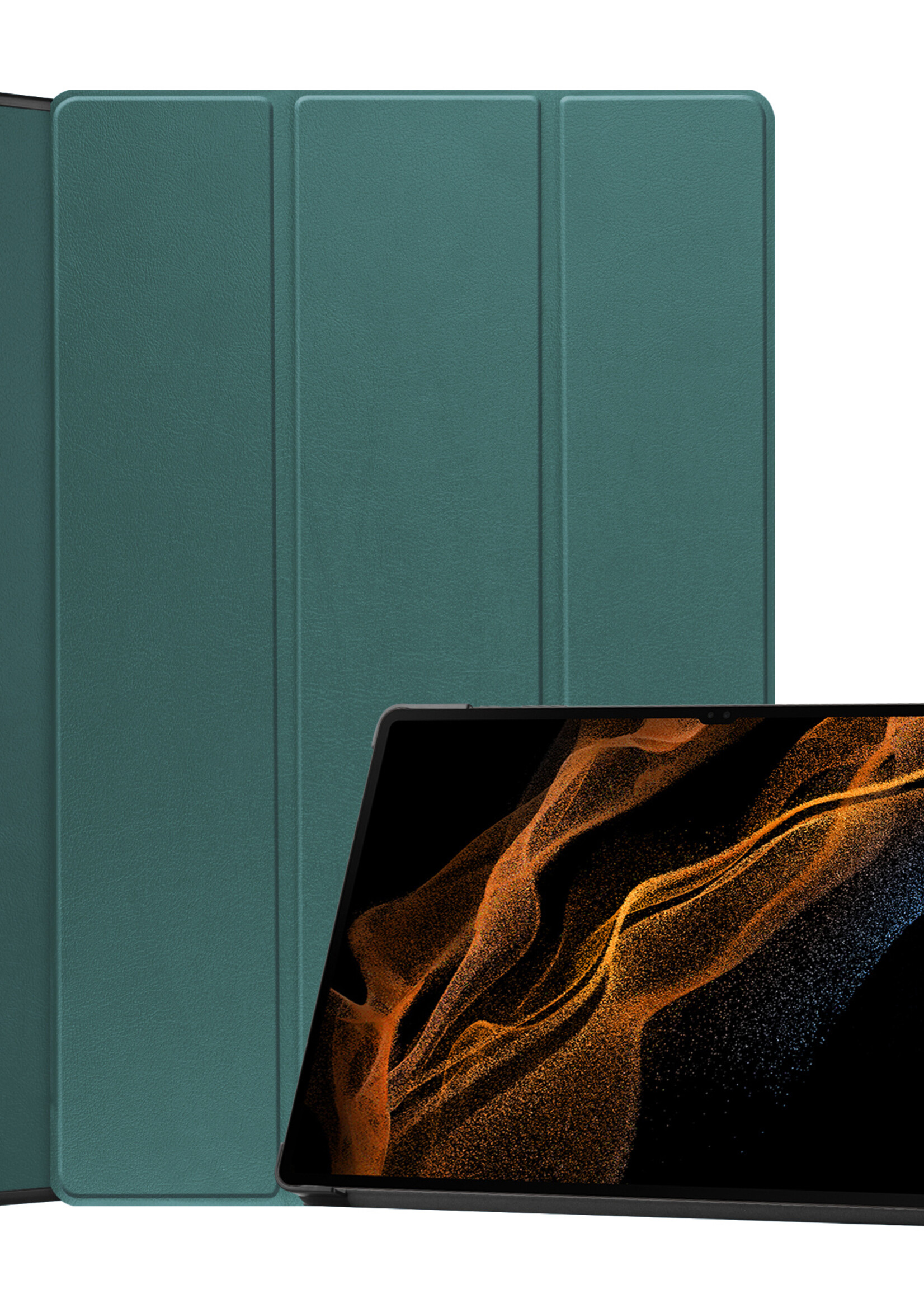BTH Hoes Geschikt voor Samsung Galaxy Tab S9 Ultra Hoes Book Case Hoesje Trifold Cover Met Uitsparing Geschikt voor S Pen - Hoesje Geschikt voor Samsung Tab S9 Ultra Hoesje Bookcase - Groen