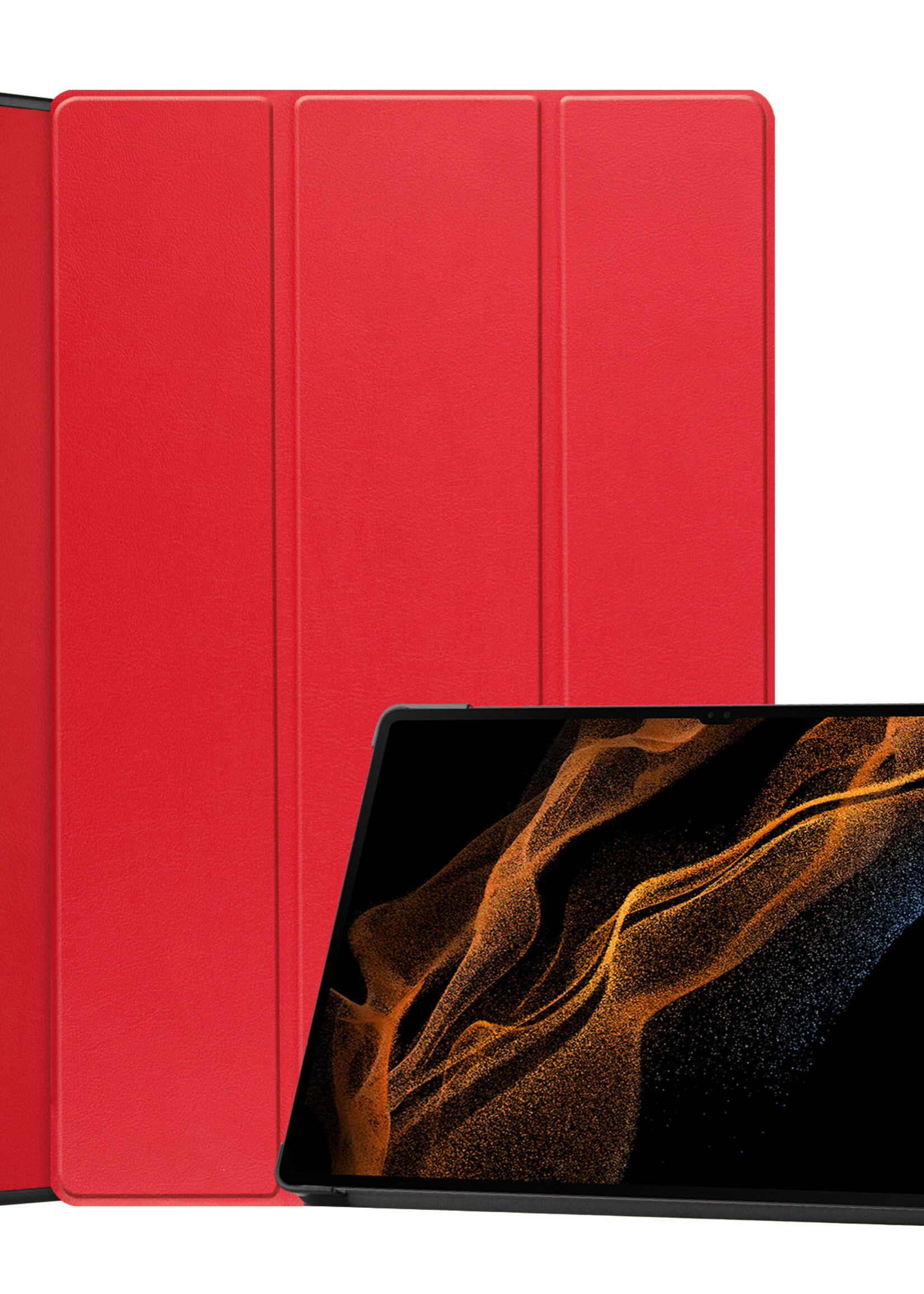 BTH Hoes Geschikt voor Samsung Galaxy Tab S9 Ultra Hoes Book Case Hoesje Trifold Cover Met Uitsparing Geschikt voor S Pen - Hoesje Geschikt voor Samsung Tab S9 Ultra Hoesje Bookcase - Rood