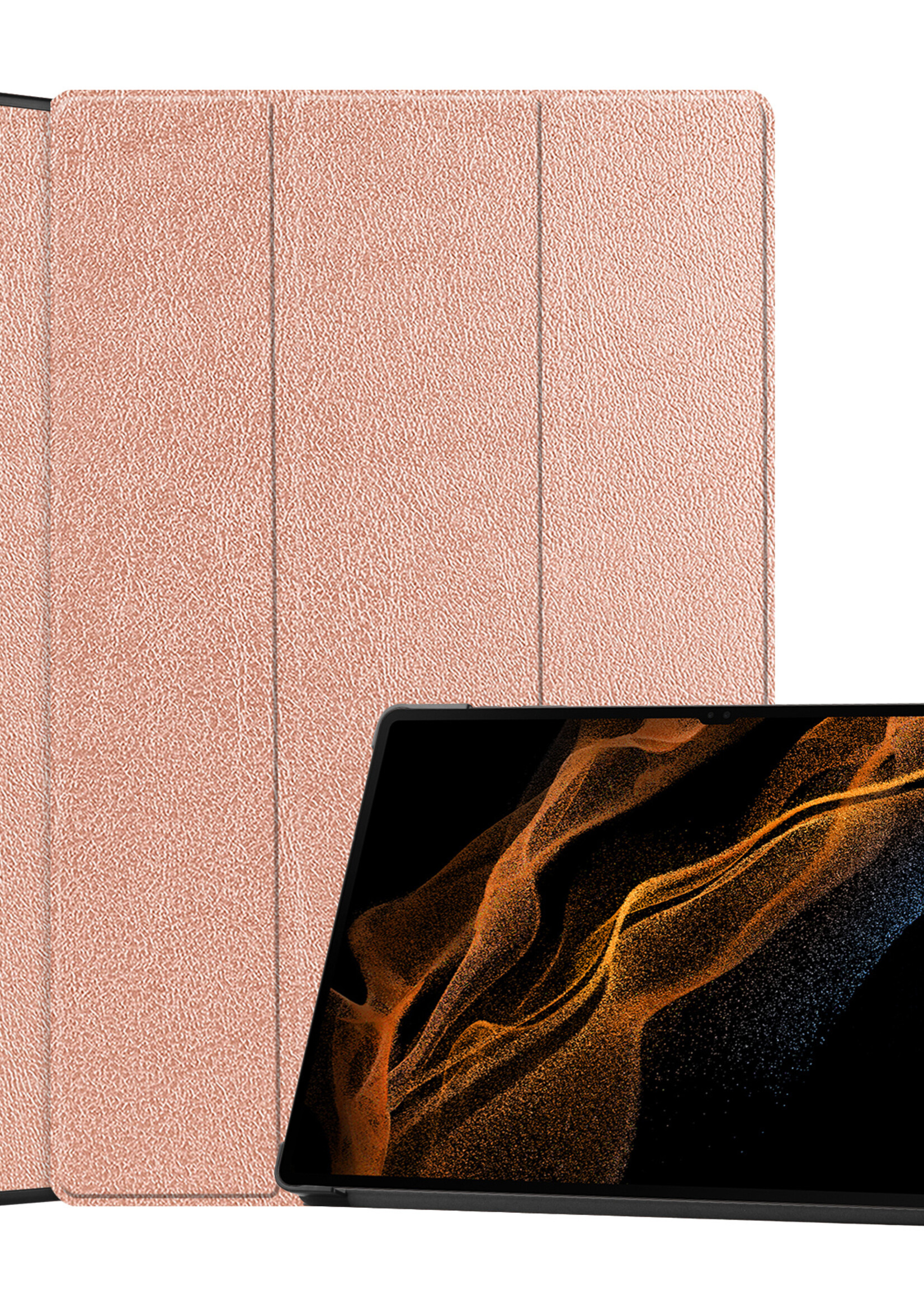 BTH Hoes Geschikt voor Samsung Galaxy Tab S9 Ultra Hoes Book Case Hoesje Trifold Cover Met Uitsparing Geschikt voor S Pen - Hoesje Geschikt voor Samsung Tab S9 Ultra Hoesje Bookcase - Rosé goud