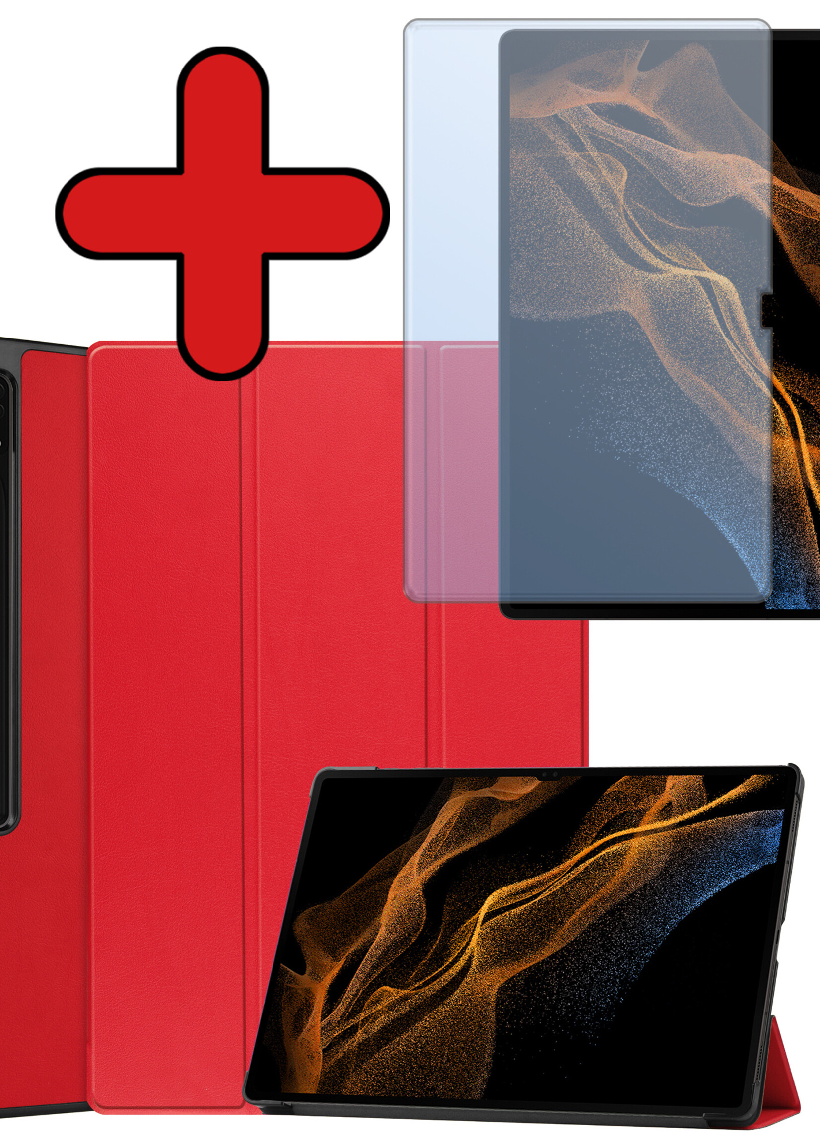 BTH Hoes Geschikt voor Samsung Galaxy Tab S9 Ultra Hoes Book Case Hoesje Trifold Cover Met Uitsparing Geschikt voor S Pen Met Screenprotector - Hoesje Geschikt voor Samsung Tab S9 Ultra Hoesje Bookcase - Rood