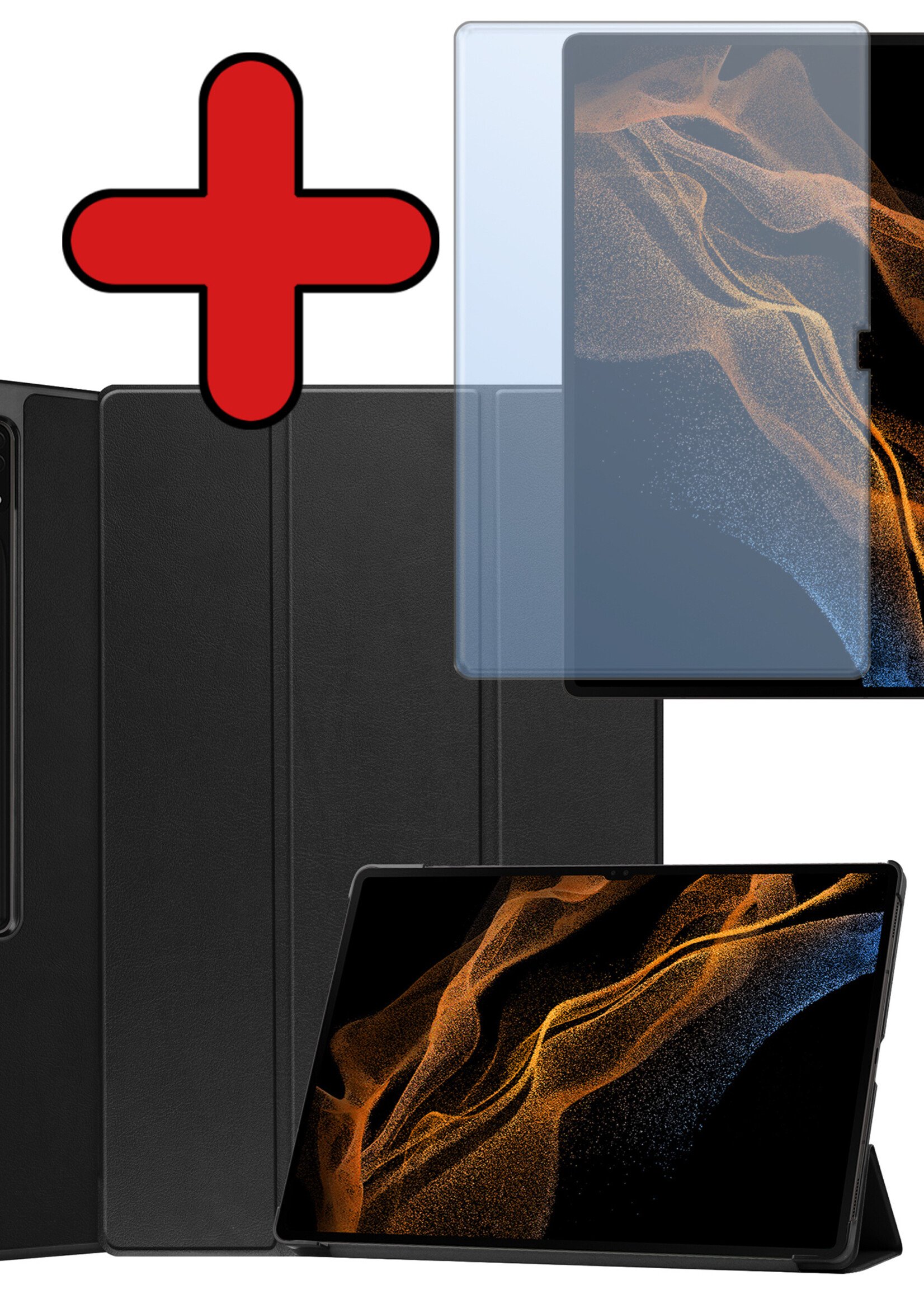 BTH Hoes Geschikt voor Samsung Galaxy Tab S9 Ultra Hoes Book Case Hoesje Trifold Cover Met Uitsparing Geschikt voor S Pen Met Screenprotector - Hoesje Geschikt voor Samsung Tab S9 Ultra Hoesje Bookcase - Zwart