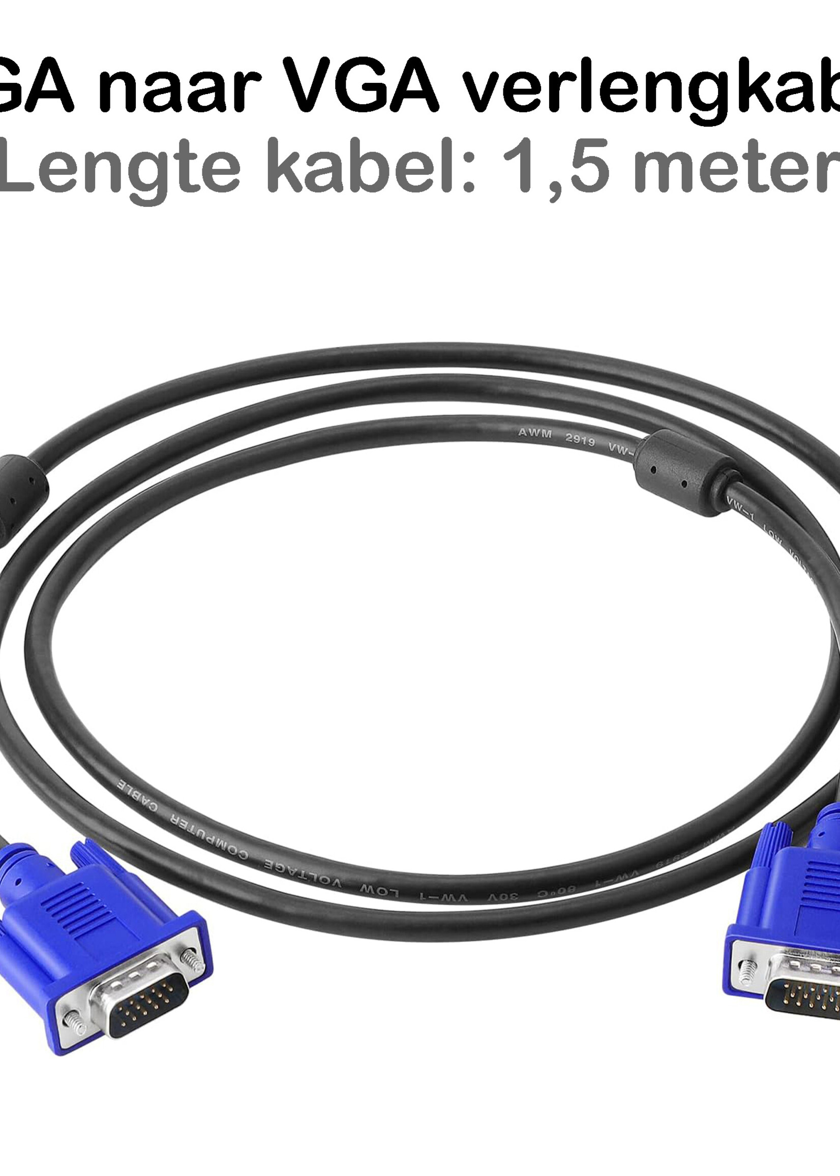 BTH VGA Kabel Adapter Verlengkabel - VGA naar VGA Monitor Kabel 1080p HD - 1.5 Meter - Blauw