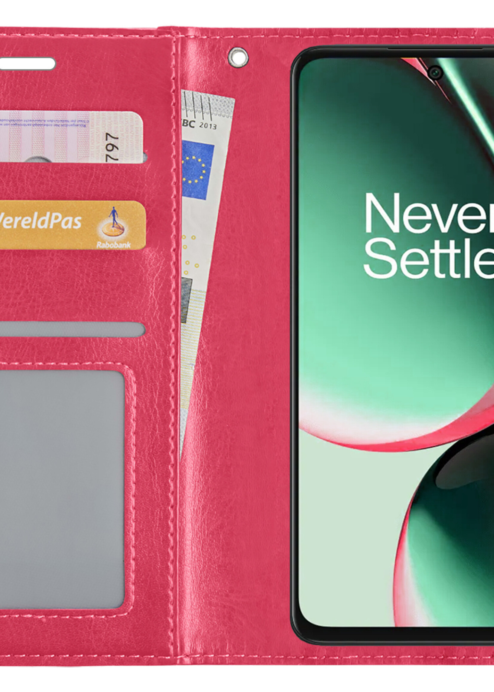 BTH Hoesje Geschikt voor OnePlus Nord CE 3 Lite Hoesje Book Case Hoes Portemonnee Cover Walletcase Met Screenprotector - Hoes Geschikt voor OnePlus Nord CE 3 Lite Hoes Bookcase Hoesje - Donkerroze