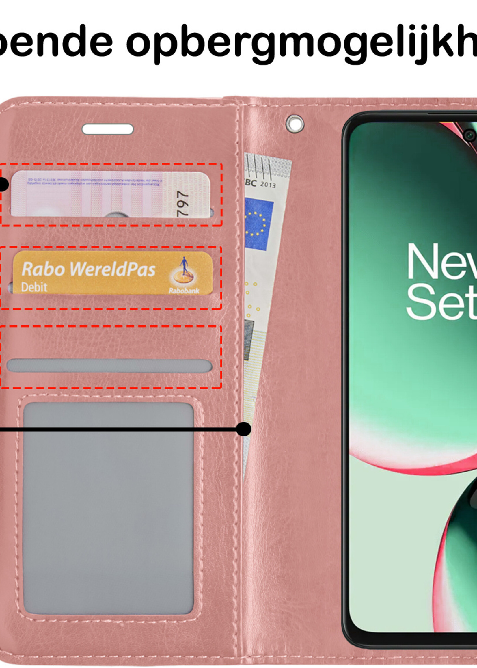 BTH Hoesje Geschikt voor OnePlus Nord CE 3 Lite Hoesje Book Case Hoes Portemonnee Cover Walletcase Met Screenprotector - Hoes Geschikt voor OnePlus Nord CE 3 Lite Hoes Bookcase Hoesje - Rosé goud