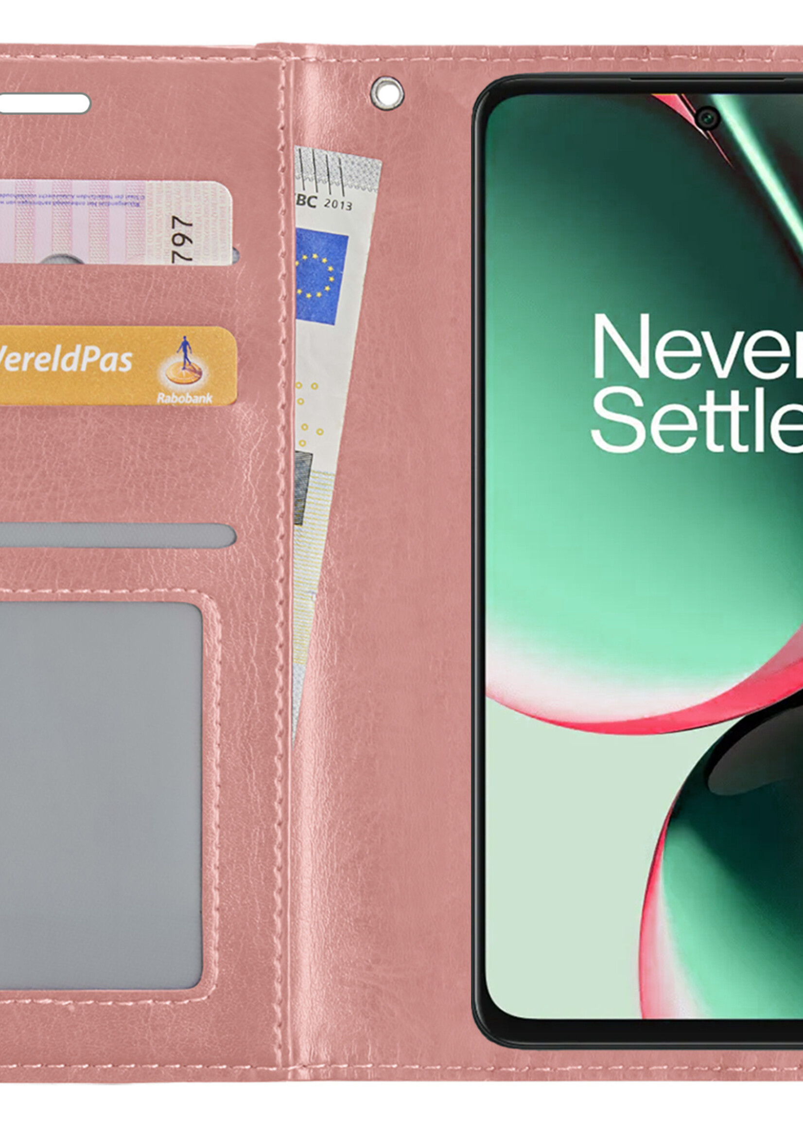 BTH Hoesje Geschikt voor OnePlus Nord CE 3 Lite Hoesje Book Case Hoes Portemonnee Cover Walletcase Met Screenprotector - Hoes Geschikt voor OnePlus Nord CE 3 Lite Hoes Bookcase Hoesje - Rosé goud