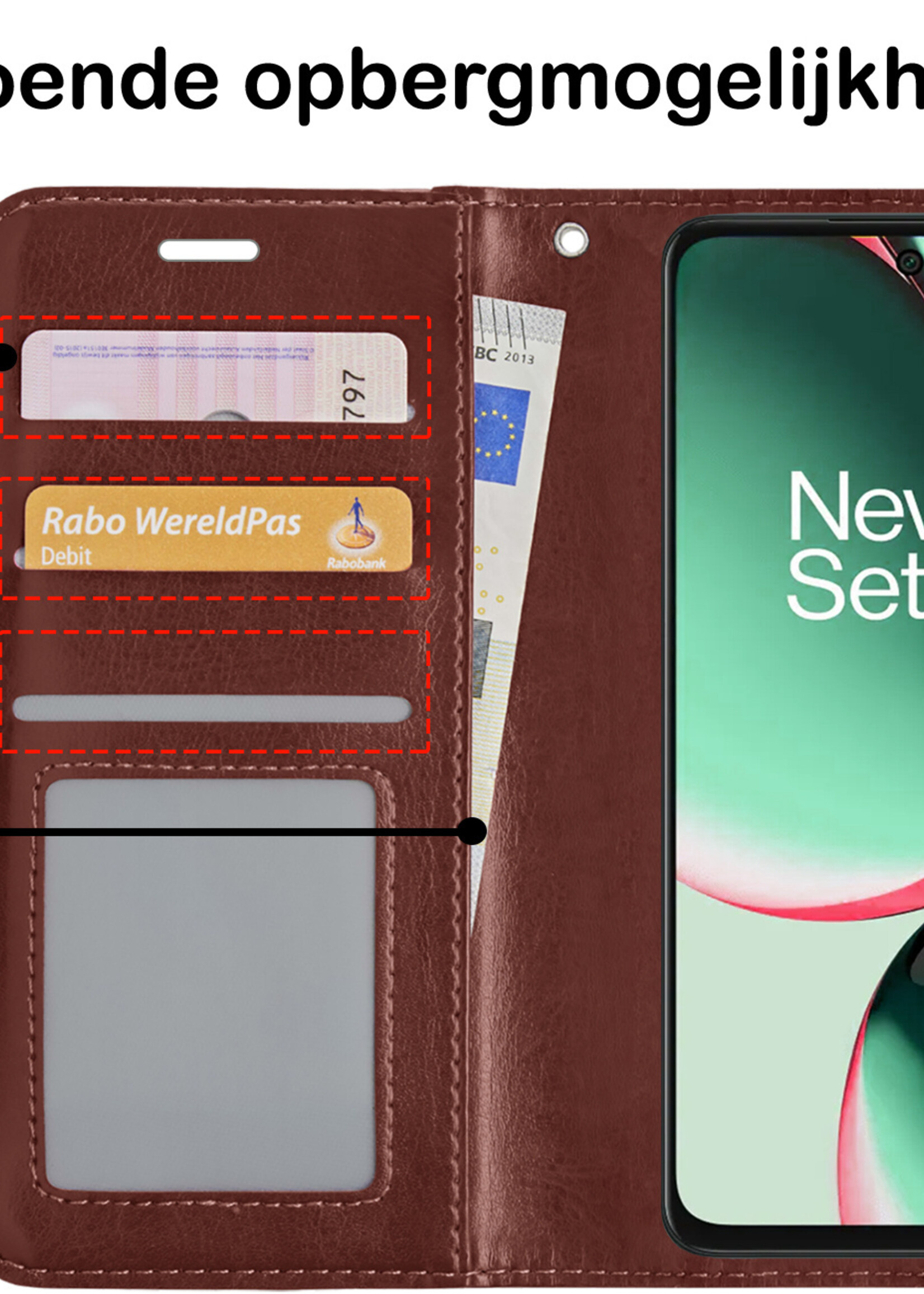 BTH Hoesje Geschikt voor OnePlus Nord CE 3 Lite Hoesje Book Case Hoes Portemonnee Cover Walletcase Met 2x Screenprotector - Hoes Geschikt voor OnePlus Nord CE 3 Lite Hoes Bookcase Hoesje - Bruin