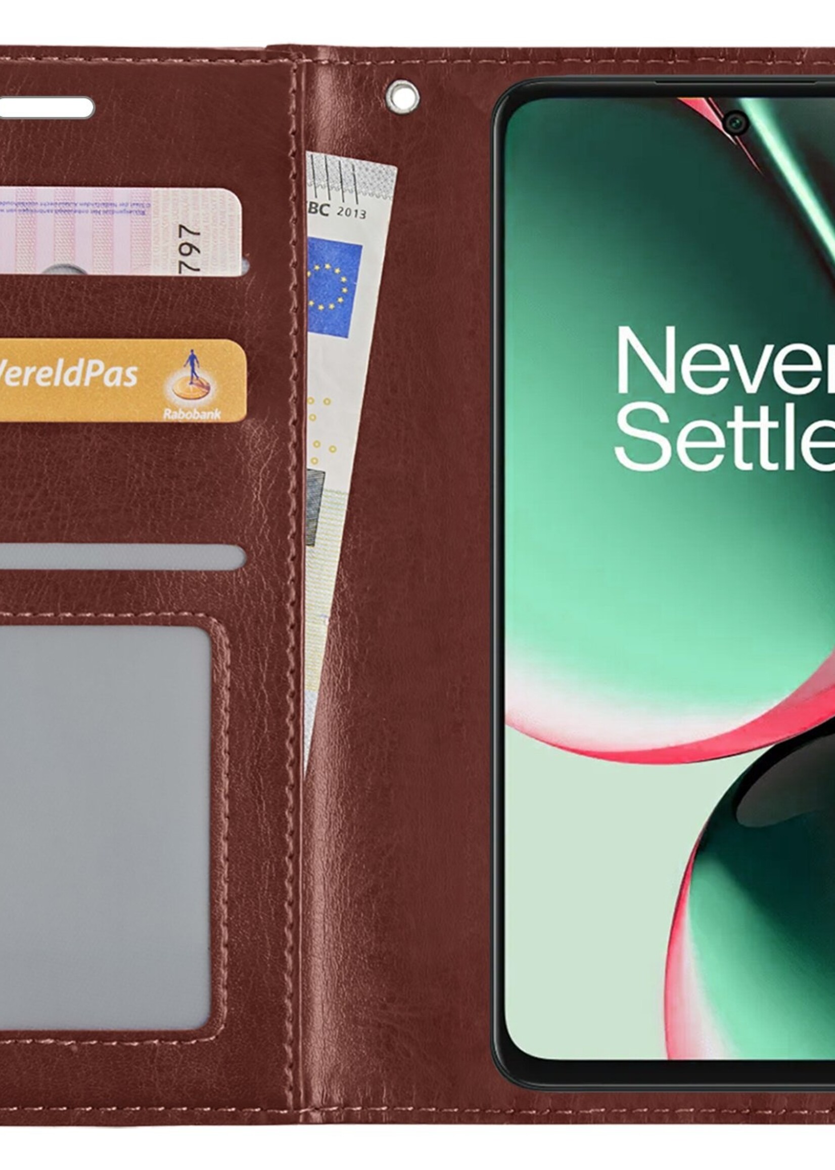 BTH Hoesje Geschikt voor OnePlus Nord CE 3 Lite Hoesje Book Case Hoes Portemonnee Cover Walletcase Met 2x Screenprotector - Hoes Geschikt voor OnePlus Nord CE 3 Lite Hoes Bookcase Hoesje - Bruin