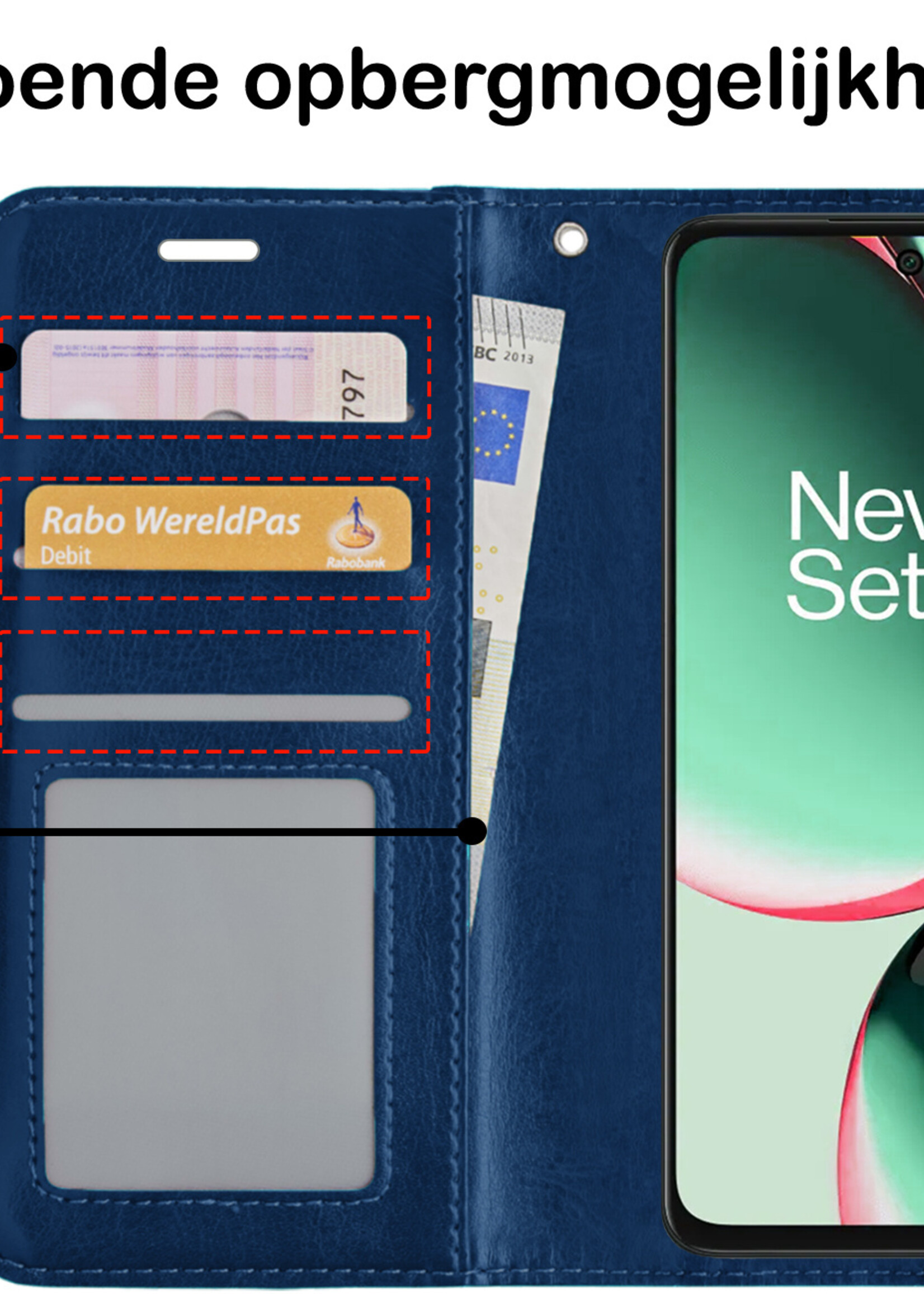 BTH Hoesje Geschikt voor OnePlus Nord CE 3 Lite Hoesje Book Case Hoes Portemonnee Cover Walletcase Met 2x Screenprotector - Hoes Geschikt voor OnePlus Nord CE 3 Lite Hoes Bookcase Hoesje - Donkerblauw