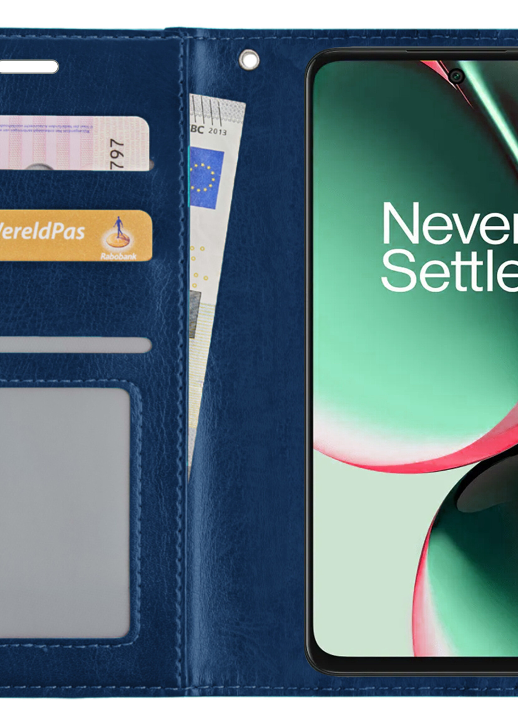 BTH Hoesje Geschikt voor OnePlus Nord CE 3 Lite Hoesje Book Case Hoes Portemonnee Cover Walletcase Met 2x Screenprotector - Hoes Geschikt voor OnePlus Nord CE 3 Lite Hoes Bookcase Hoesje - Donkerblauw