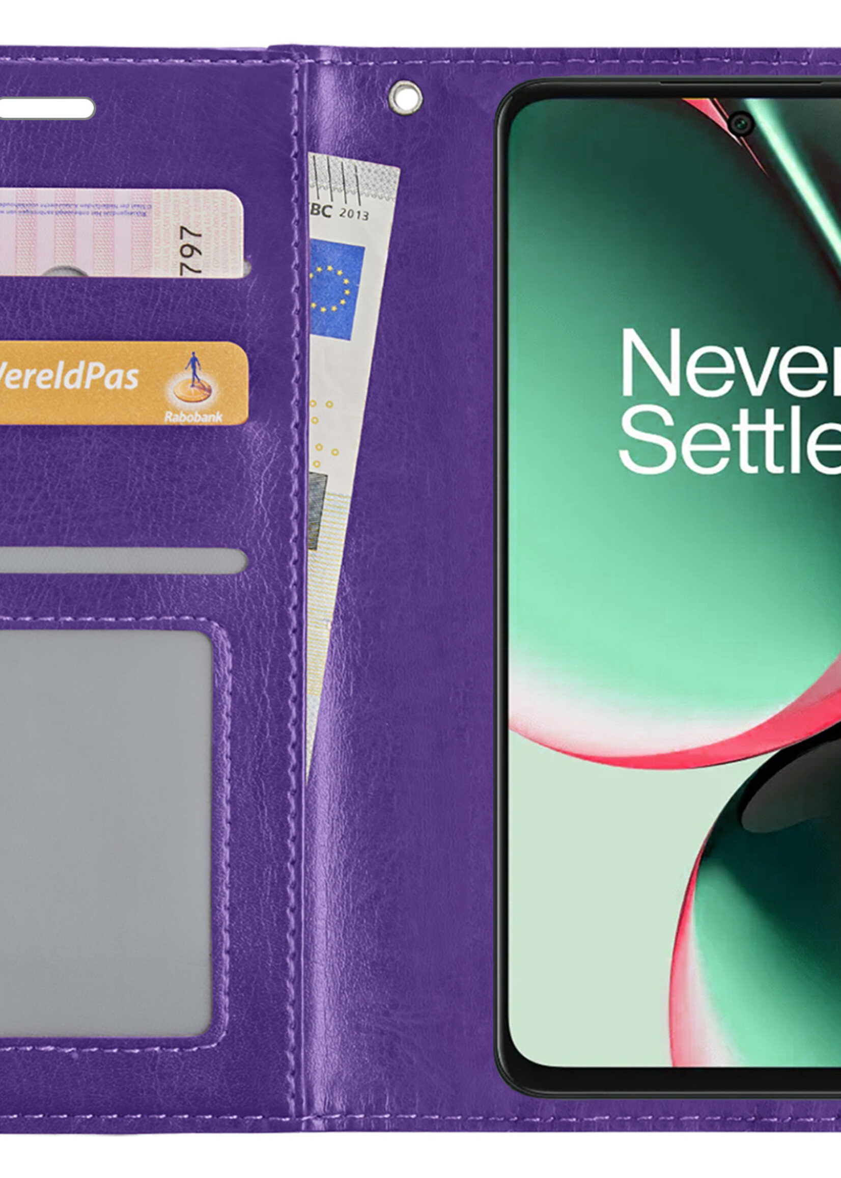 BTH Hoesje Geschikt voor OnePlus Nord CE 3 Lite Hoesje Book Case Hoes Portemonnee Cover Walletcase Met 2x Screenprotector - Hoes Geschikt voor OnePlus Nord CE 3 Lite Hoes Bookcase Hoesje - Paars