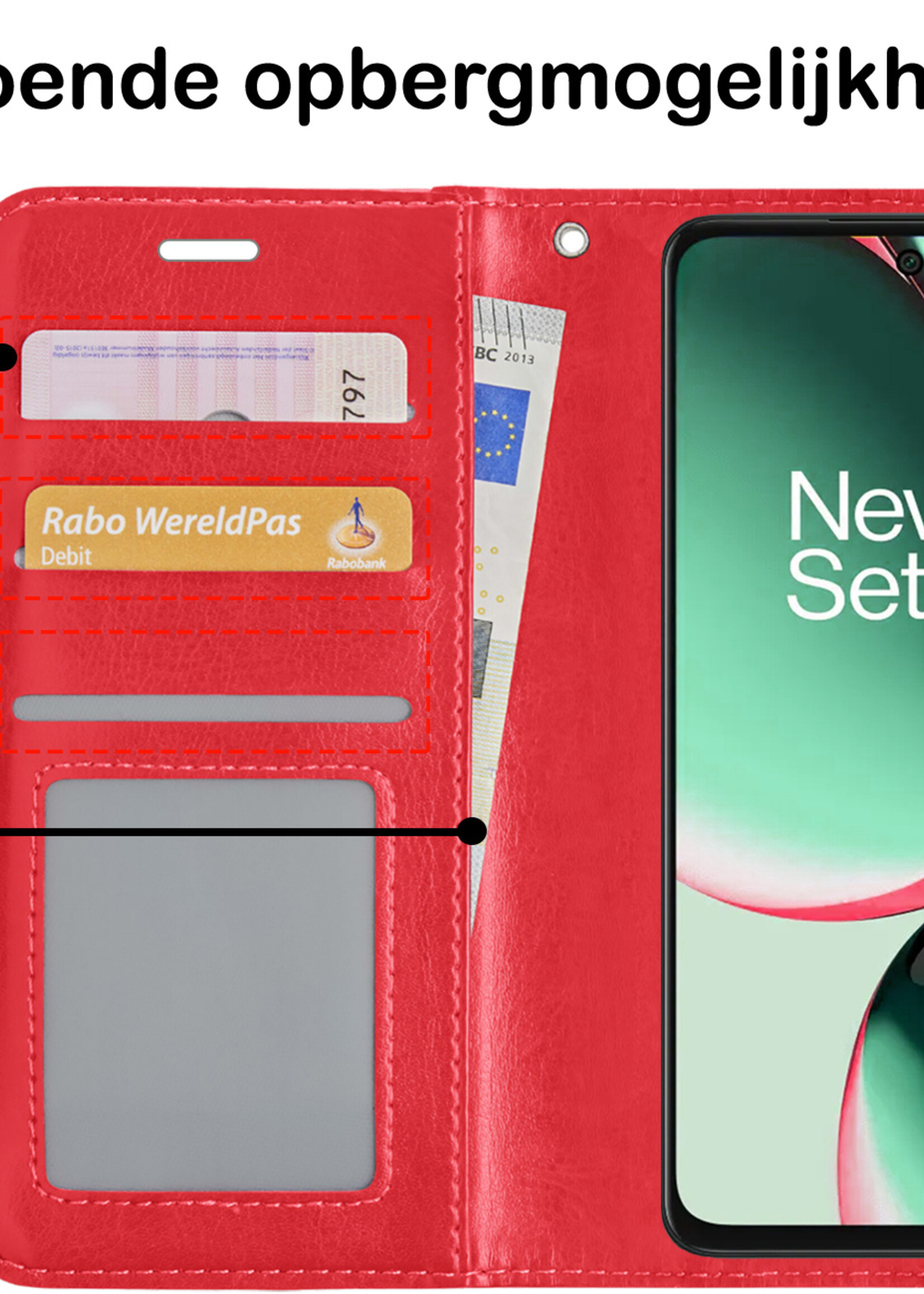 BTH Hoesje Geschikt voor OnePlus Nord CE 3 Lite Hoesje Book Case Hoes Portemonnee Cover Walletcase Met 2x Screenprotector - Hoes Geschikt voor OnePlus Nord CE 3 Lite Hoes Bookcase Hoesje - Rood