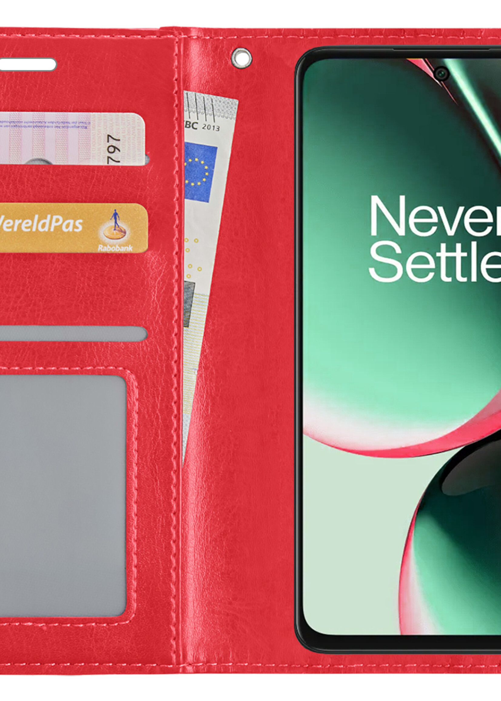 BTH Hoesje Geschikt voor OnePlus Nord CE 3 Lite Hoesje Book Case Hoes Portemonnee Cover Walletcase Met 2x Screenprotector - Hoes Geschikt voor OnePlus Nord CE 3 Lite Hoes Bookcase Hoesje - Rood